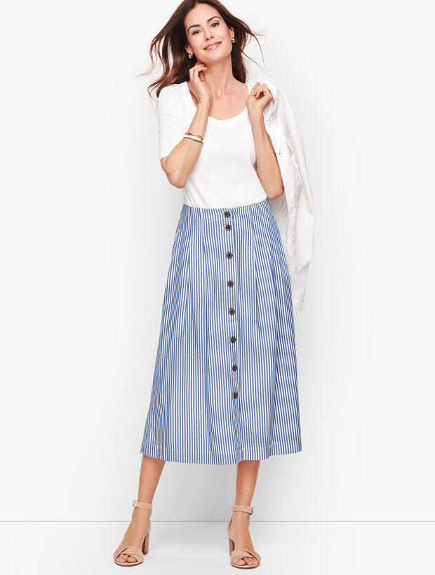 Stripe Button Front Pleated Skirt