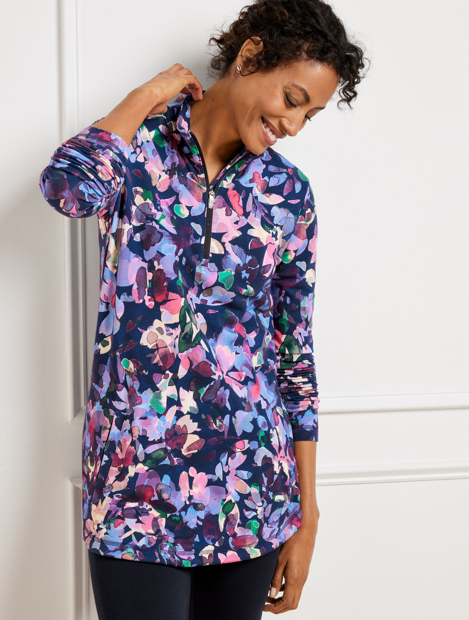 Classic French Terry HalfZip Pullover Watercolor Blooms Talbots