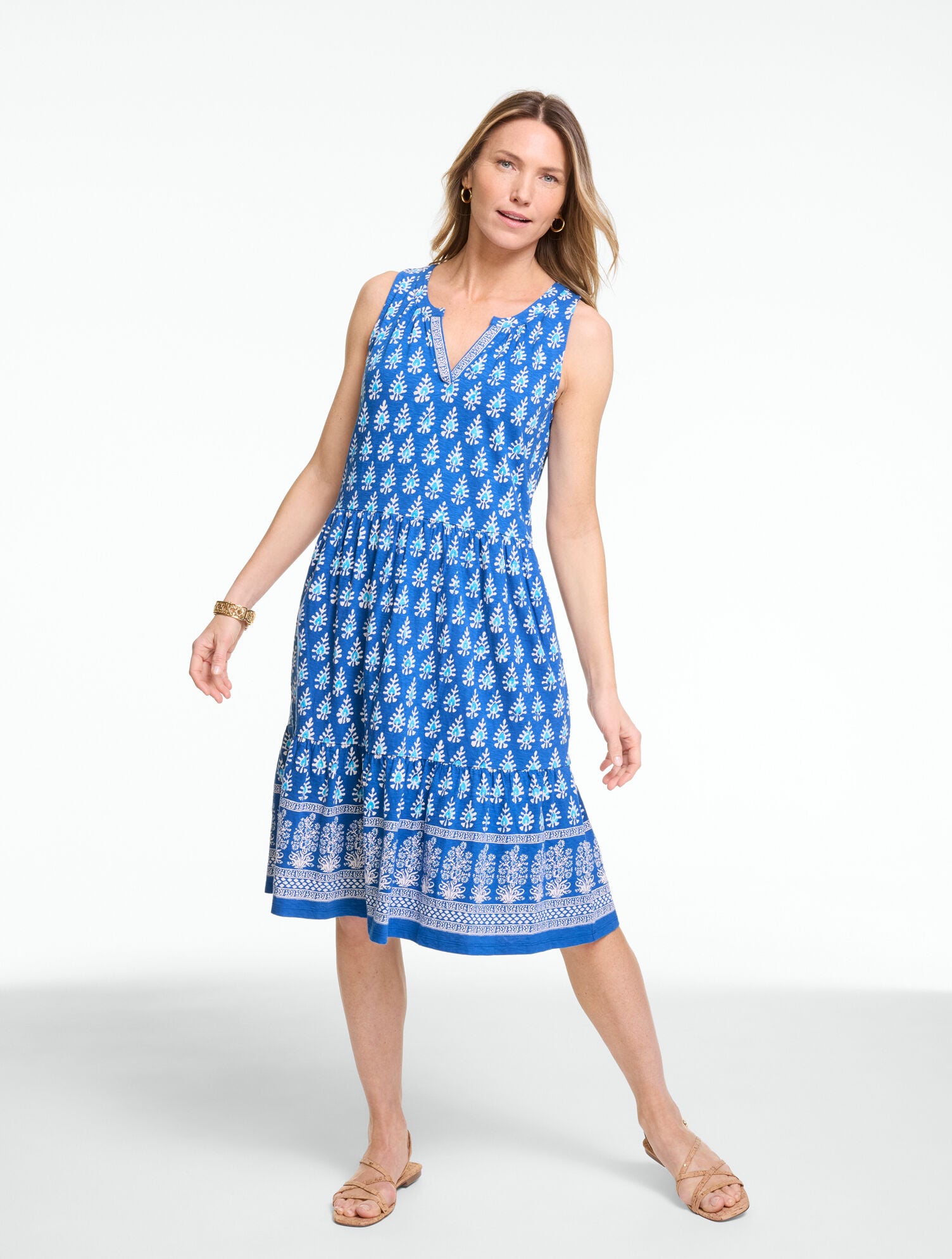 Women's Nantucket Slub Sleeveless Tiered Dress - Woodblock Medallion - Catalina Blue - Medium Talbots