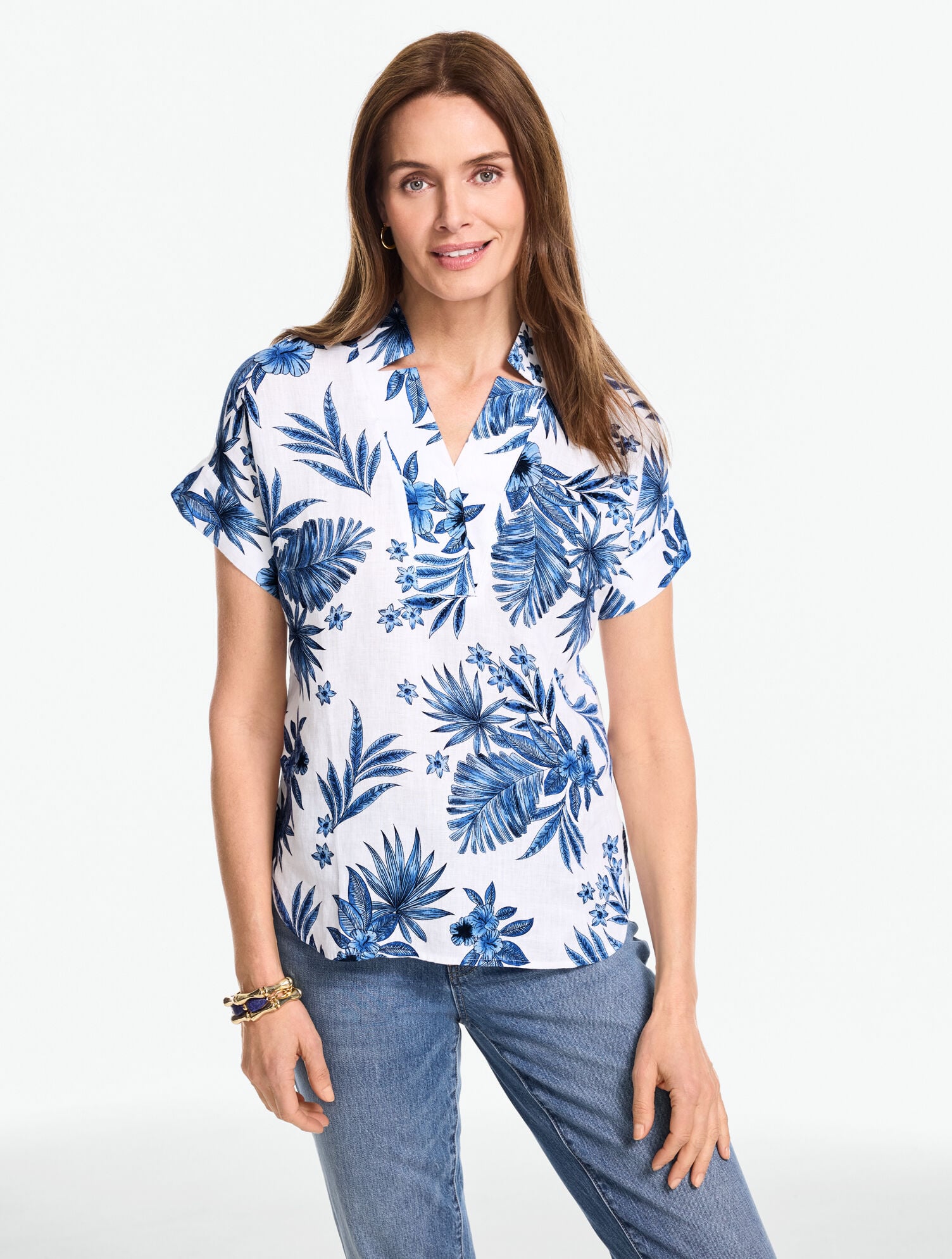 Extended Shoulder Linen Popover - Painted Palms