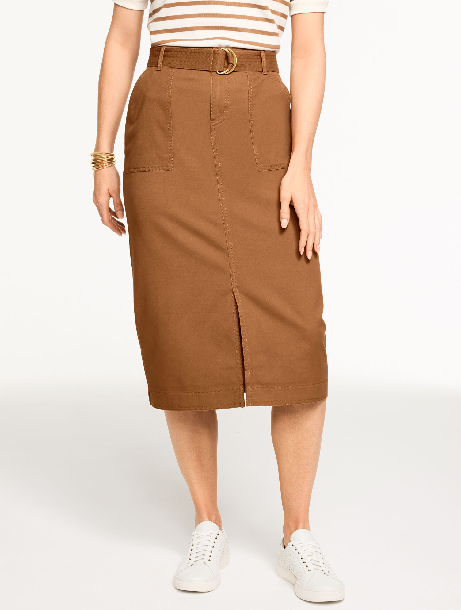 Belted Twill Midi Skirt