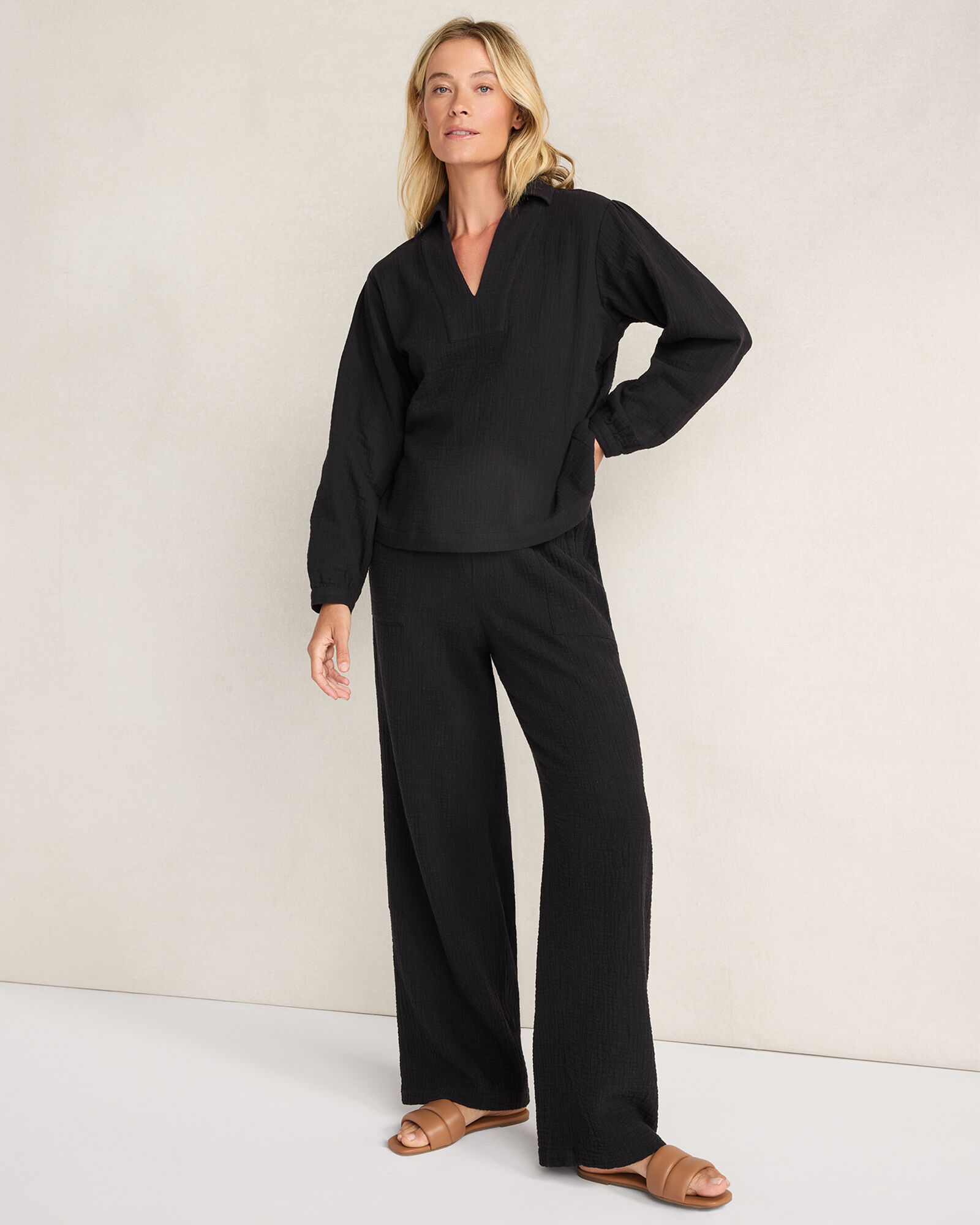 Textured Cotton Gauze Collared Top