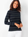 Stripe Button-Cuff Turtleneck Sweater