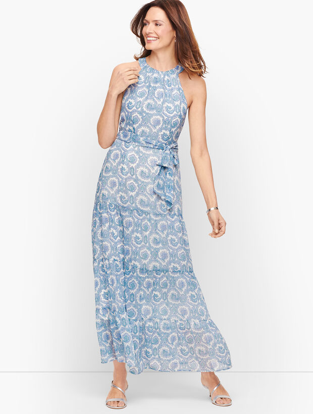 High Neck Paisley Tiered Maxi Dress