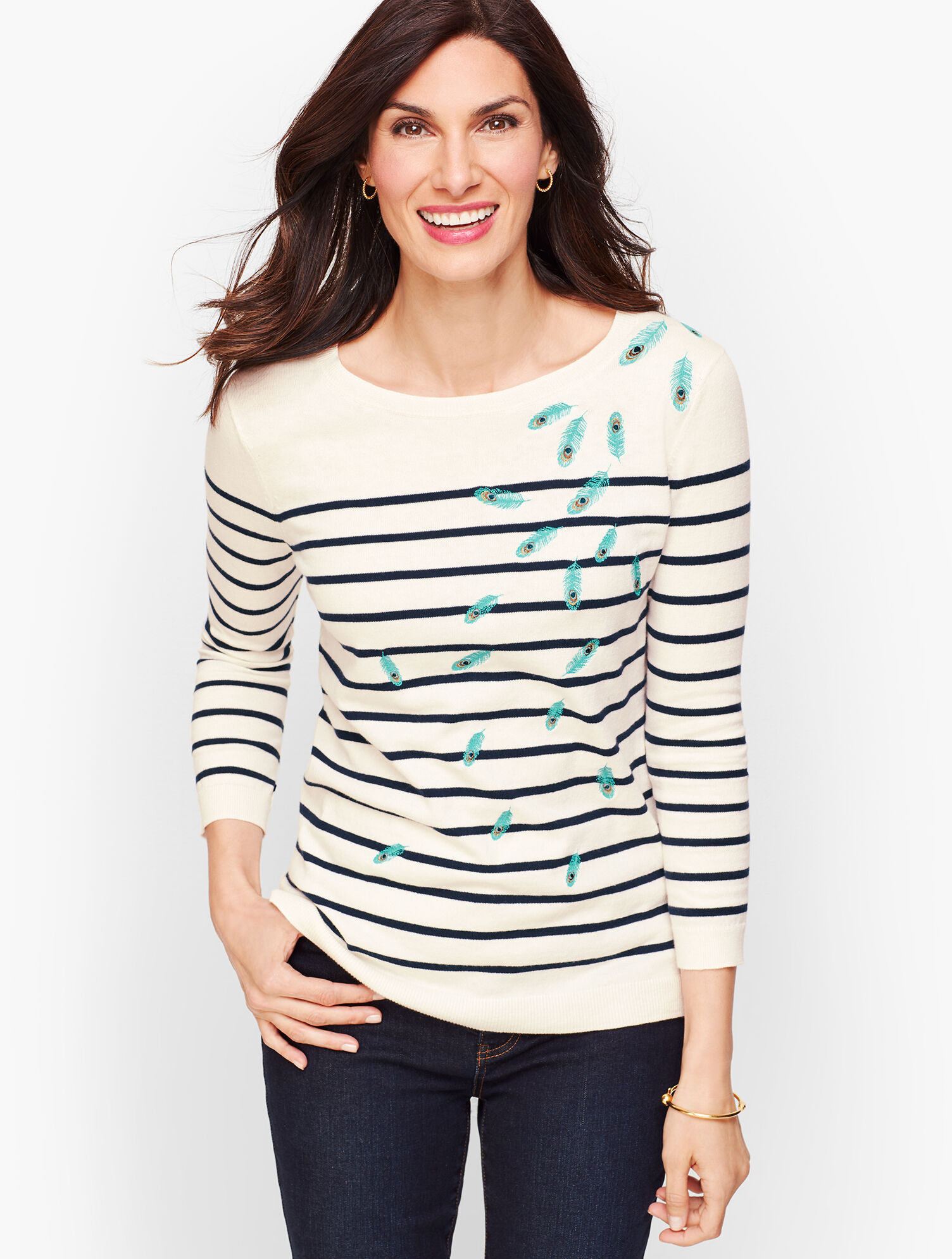 Embroidered Feathers Stripe Sweater | Talbots