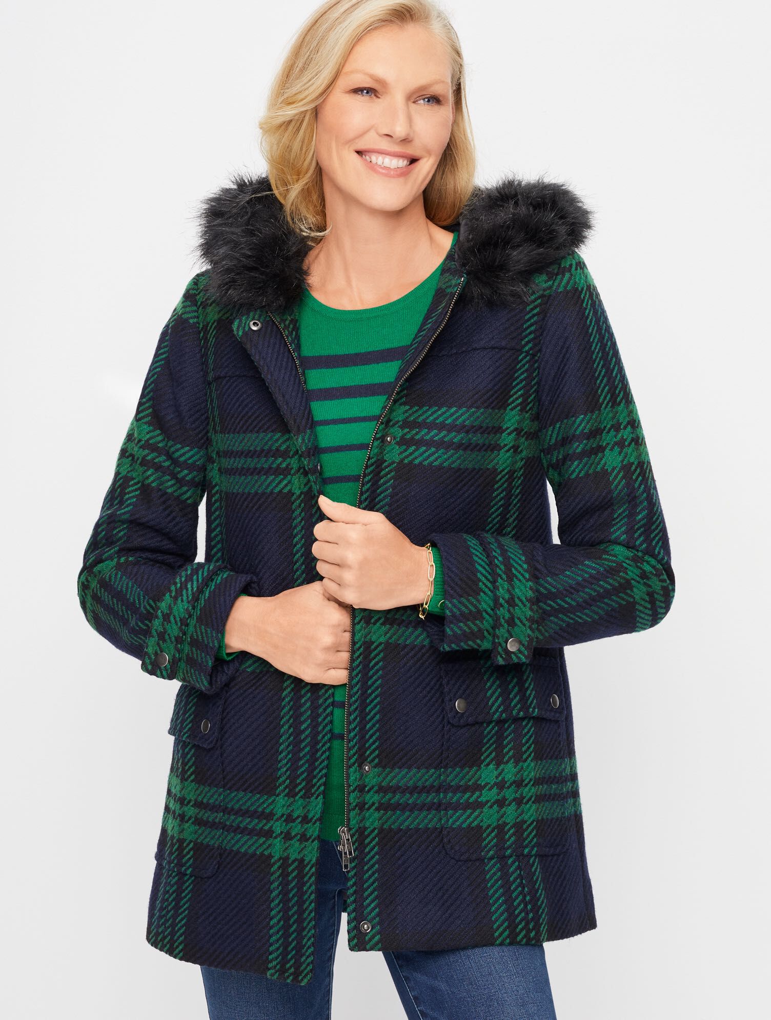 Faux Fur Lined Parka - Black Watch Plaid
