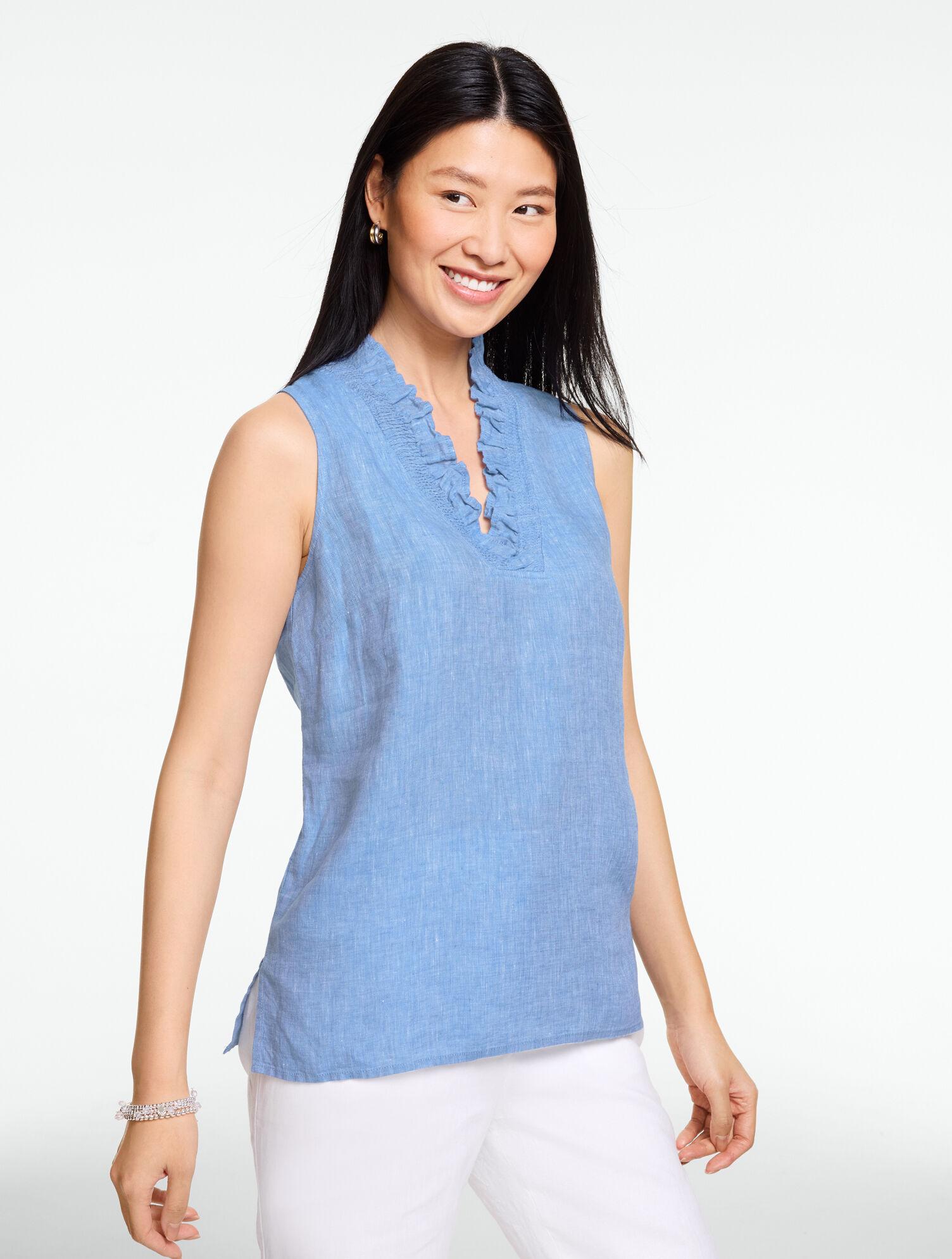 Talbots Blue Ruffled Tees Ruffle Linen Shell - Cross-Dyed | Talbots