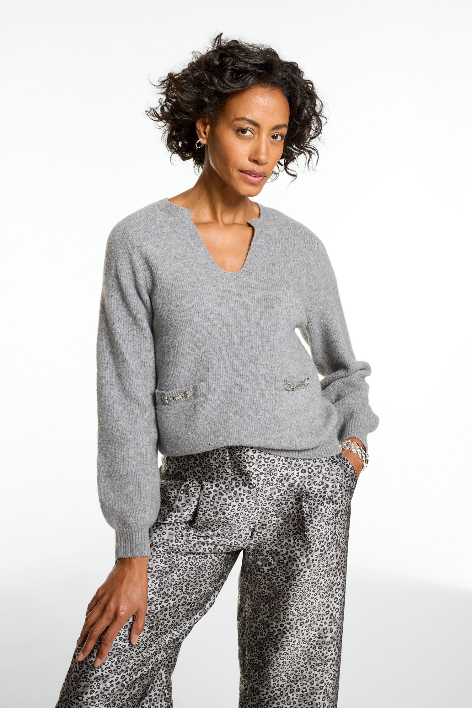 Horsebit Split Neck Sweater