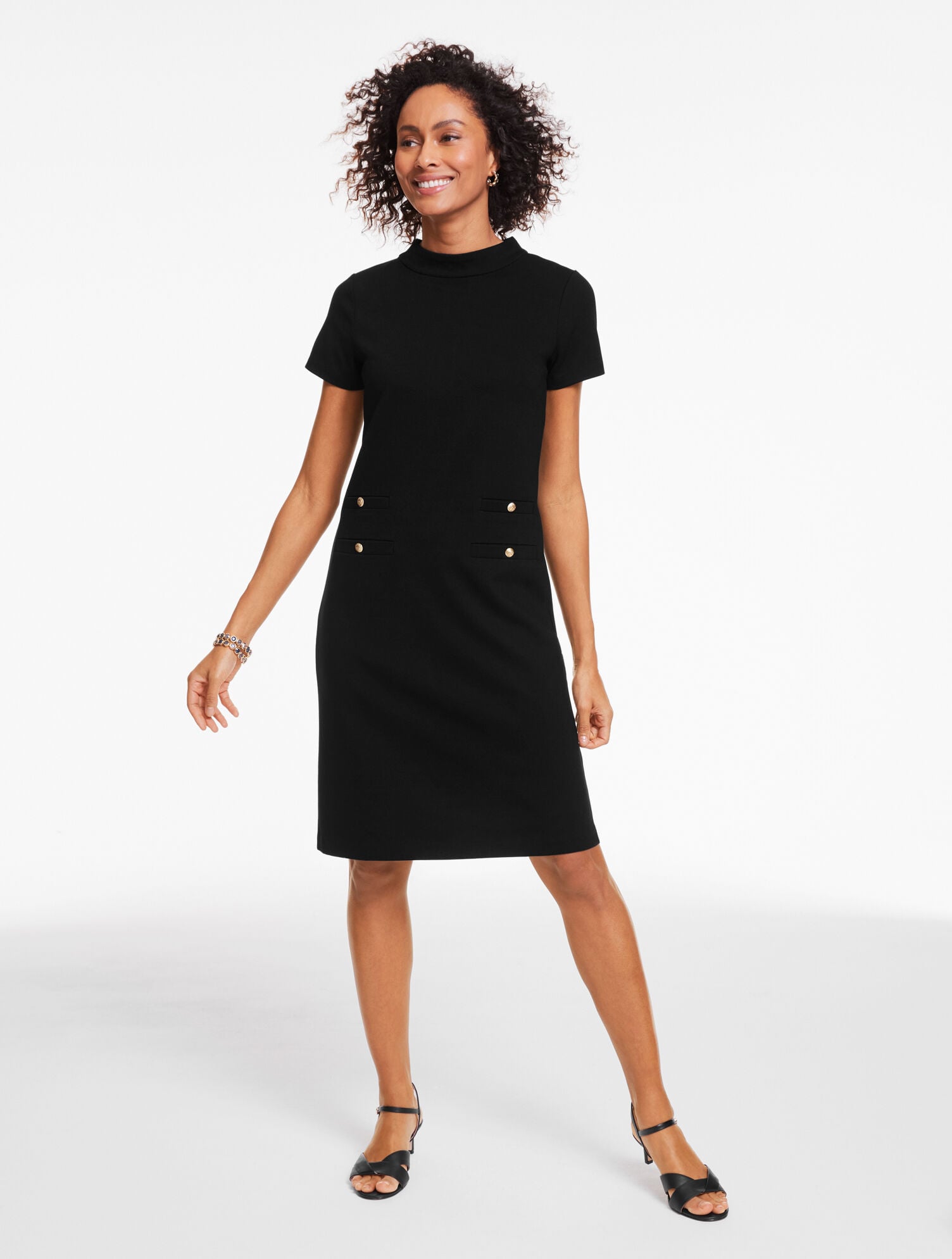 green emerald velvet dress Black High Neck Shift Midi Dress for work with grey panelling and zip –  Miss Métier main image 1
