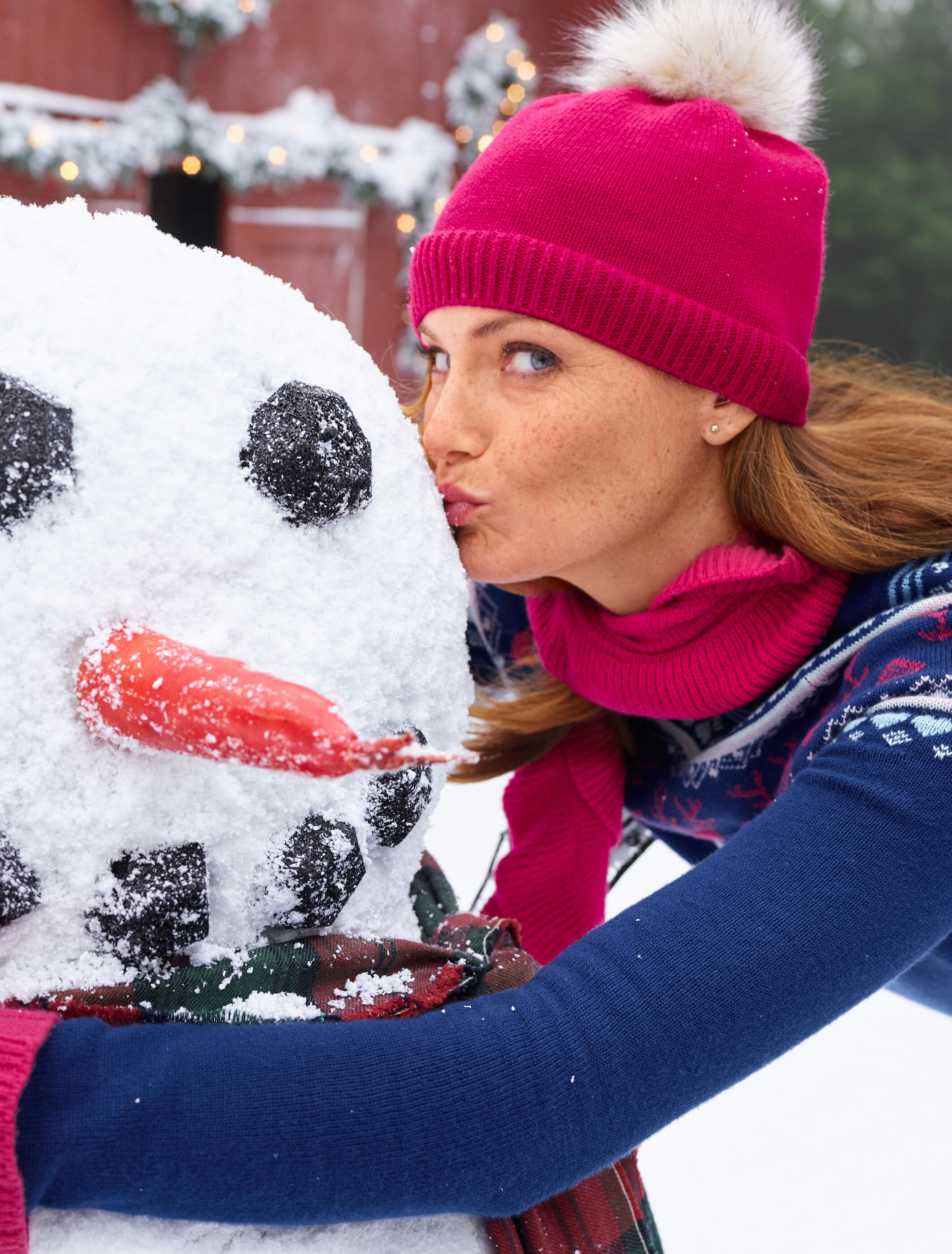Talbots Red and White Knit Hat with Pom Cable Knit Beanie | Talbots main image 3
