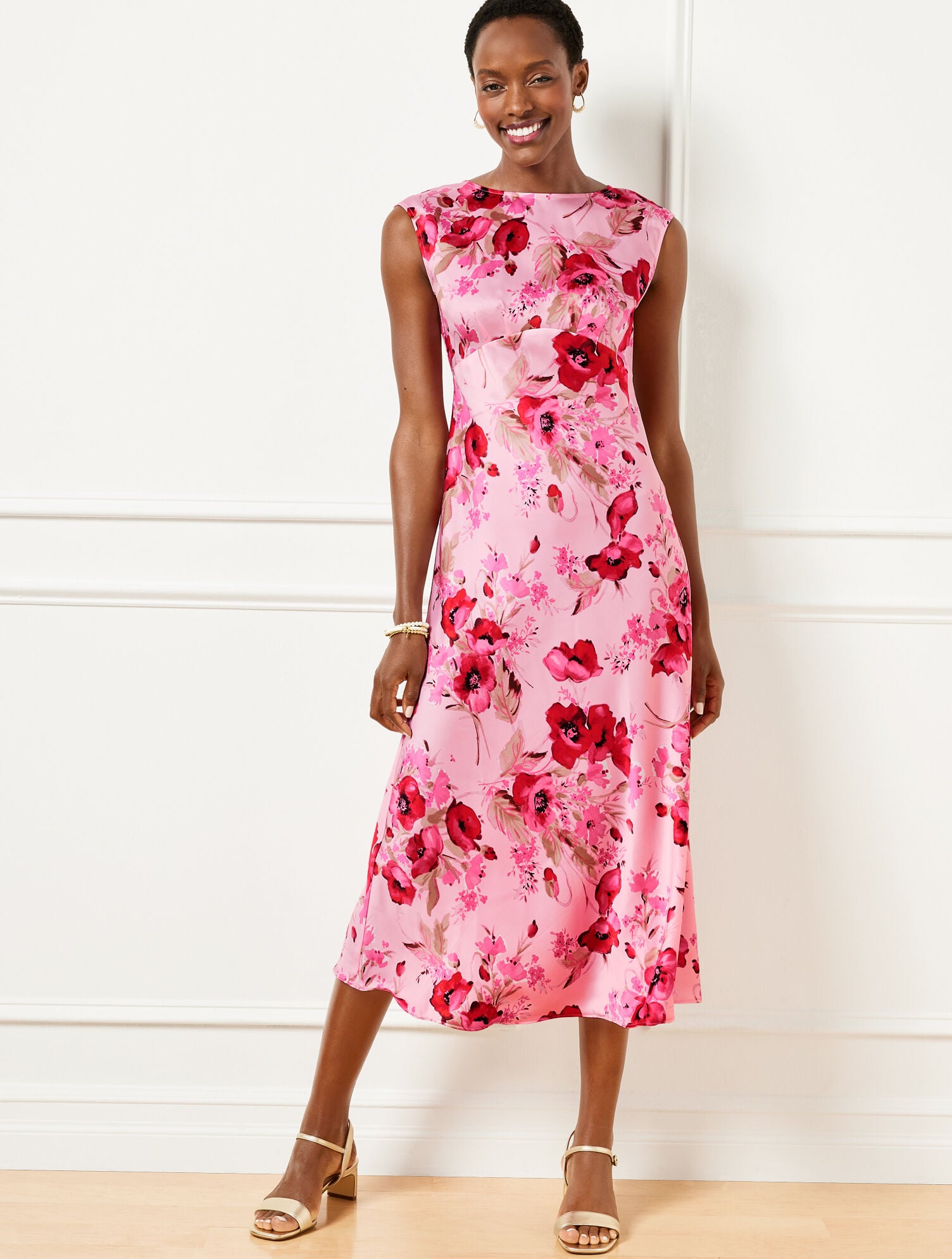 Satin Midi Dress - Watercolor Bouquets