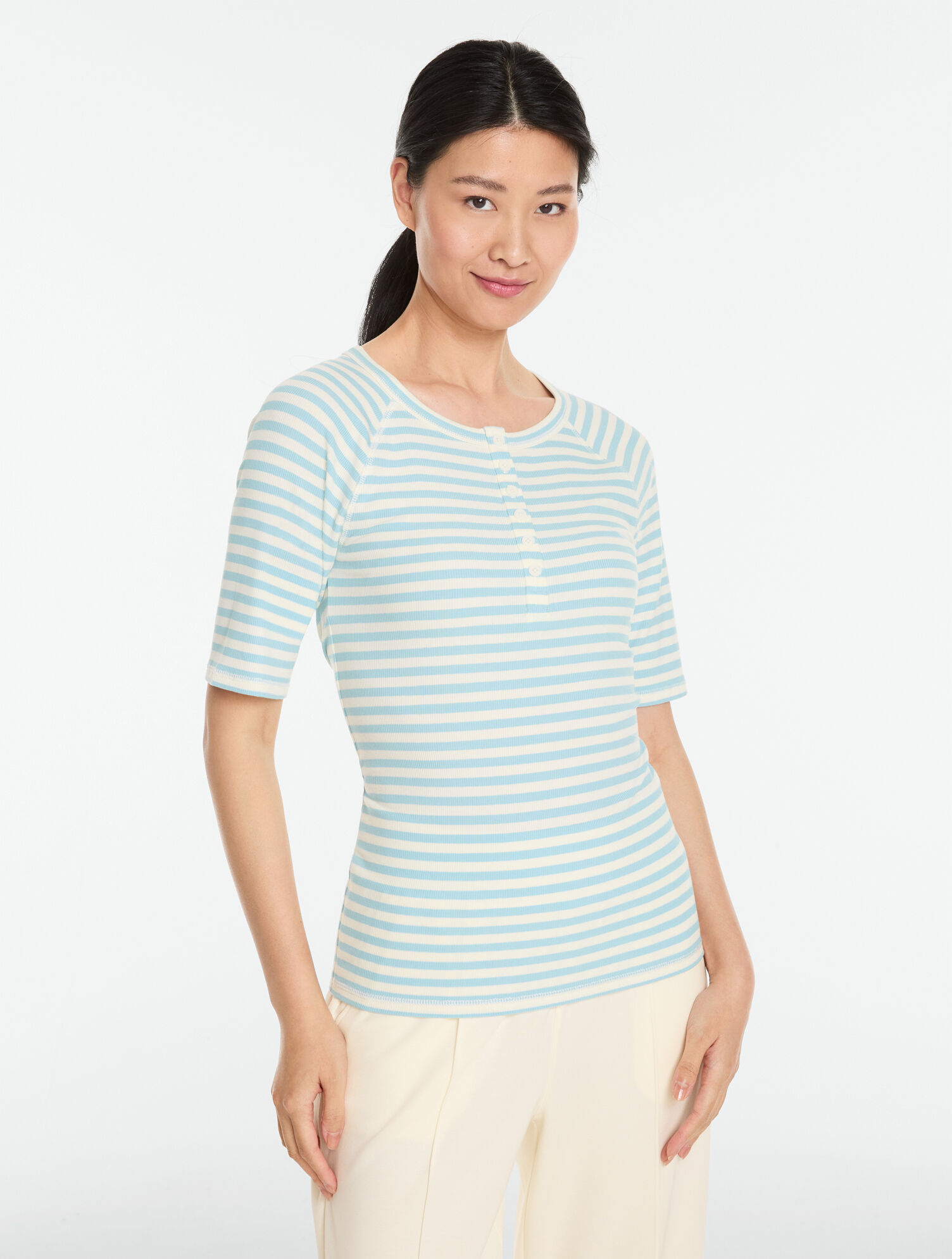 Ribbed Elbow Sleeve Henley Tee - Even Stripe