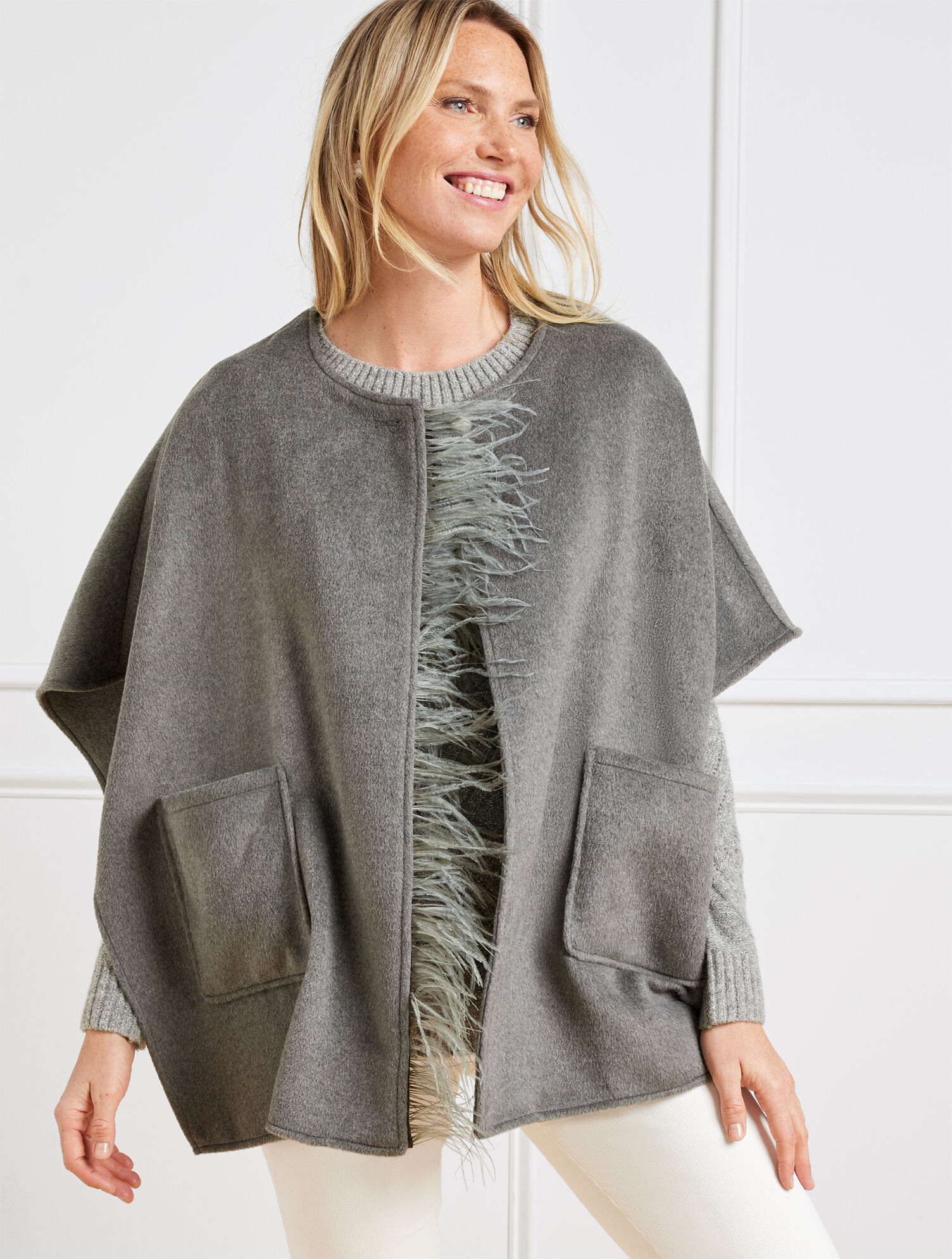 Talbots Ruanas Feather Trim Woven Ruana | Talbots