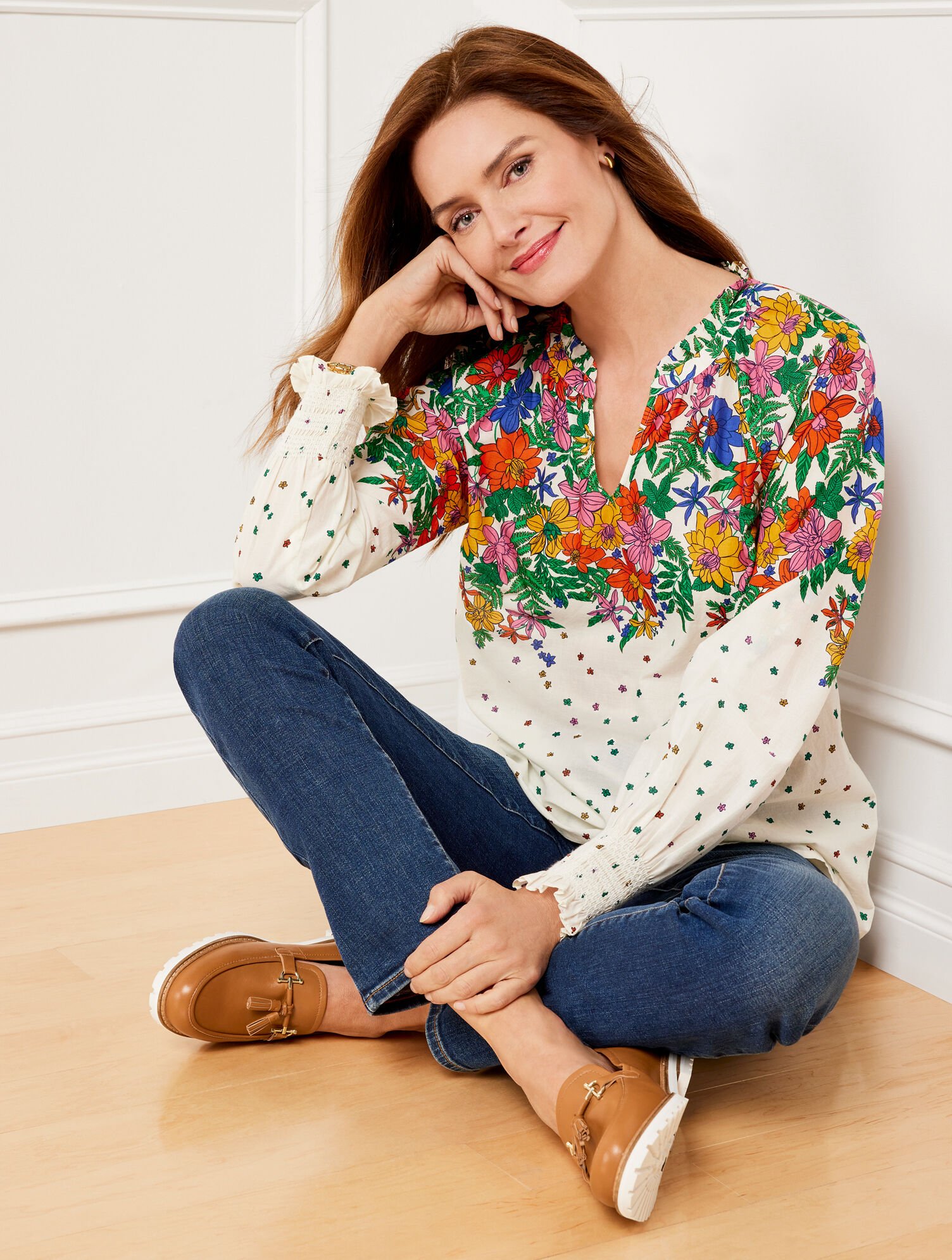 Blissful Floral Smocked Cuff Blouse Talbots