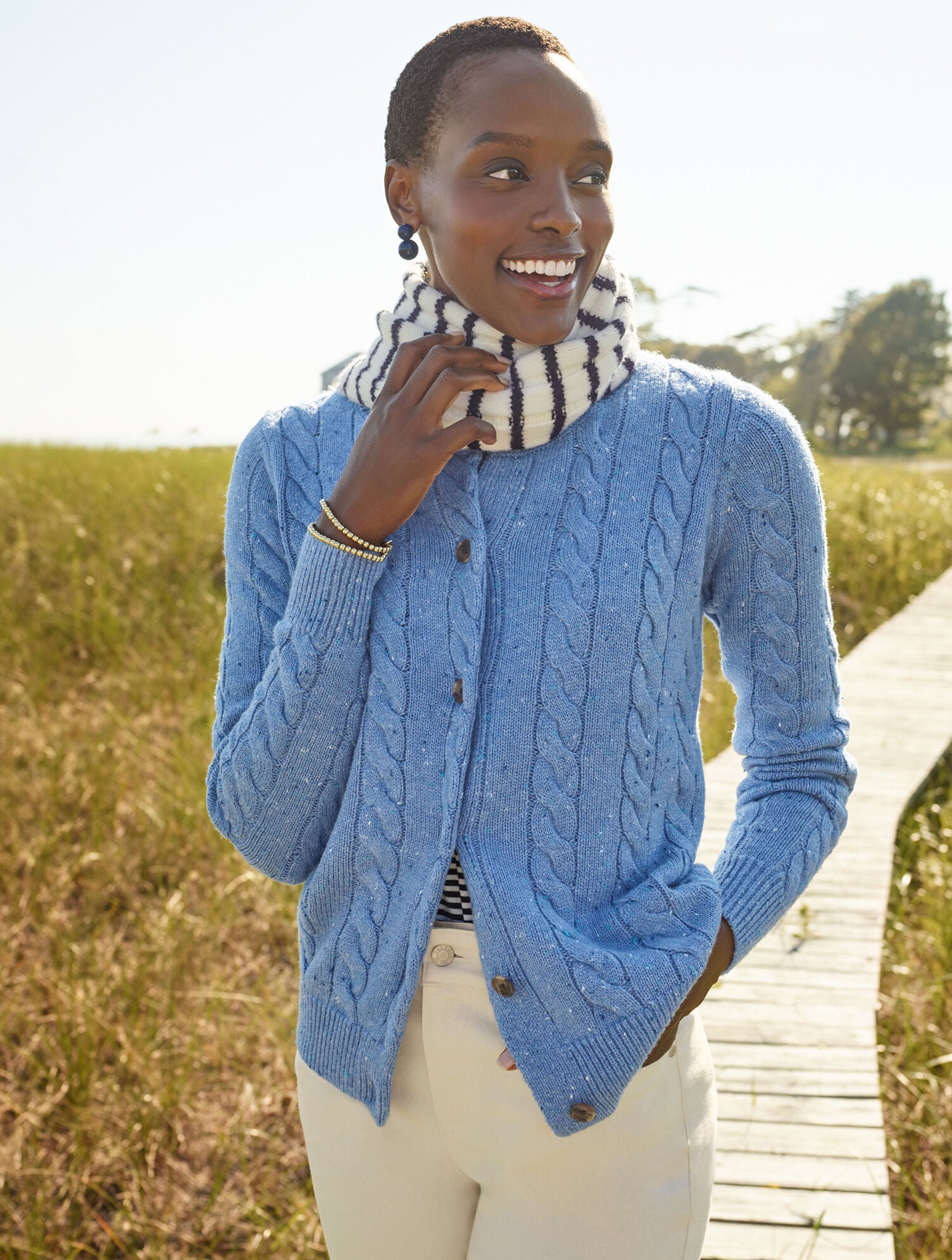 Tweed Cable Knit Crewneck Cardigan