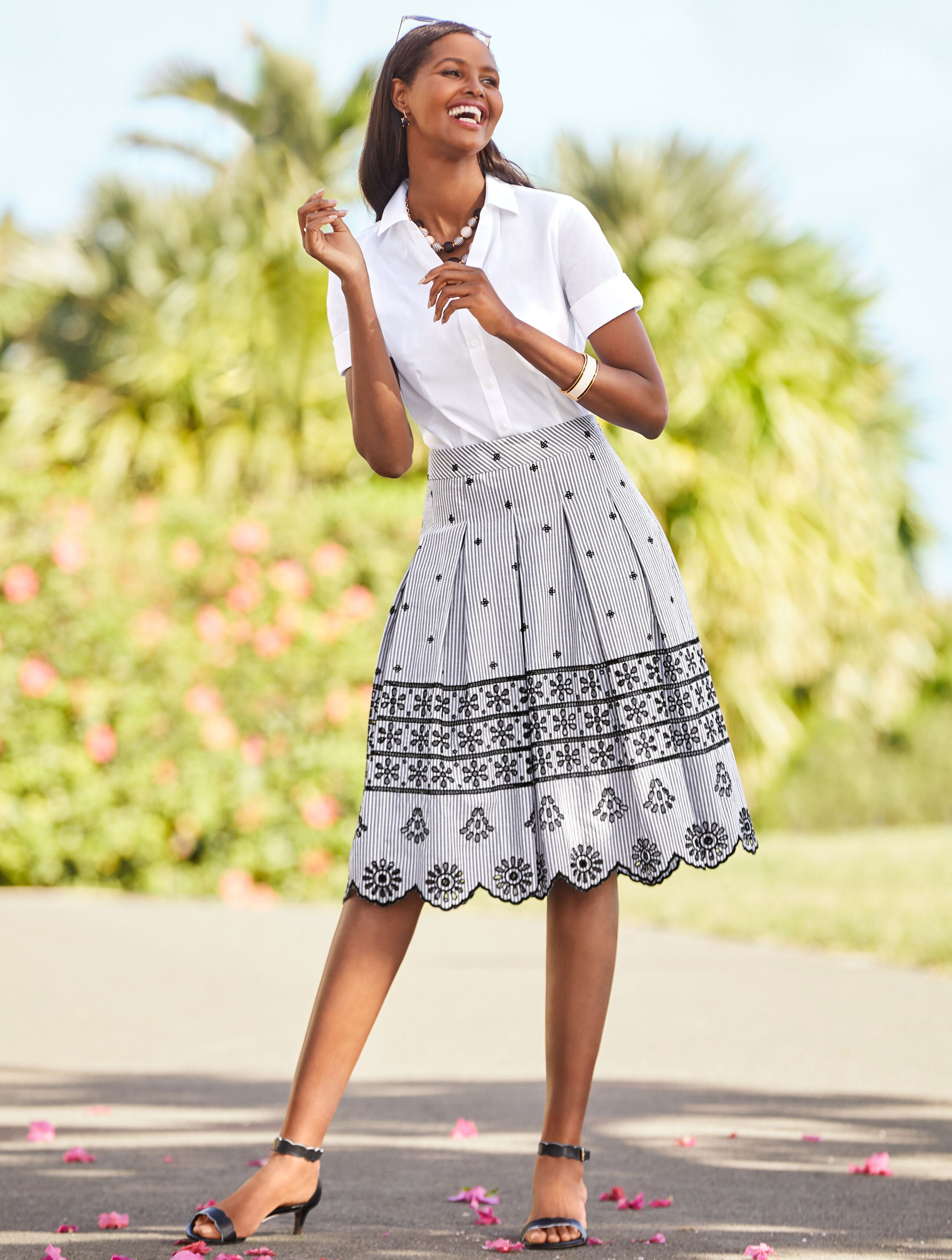 Talbots Red and White Striped A-Line Pleated Knee-Length Skirt Size 8 Petite