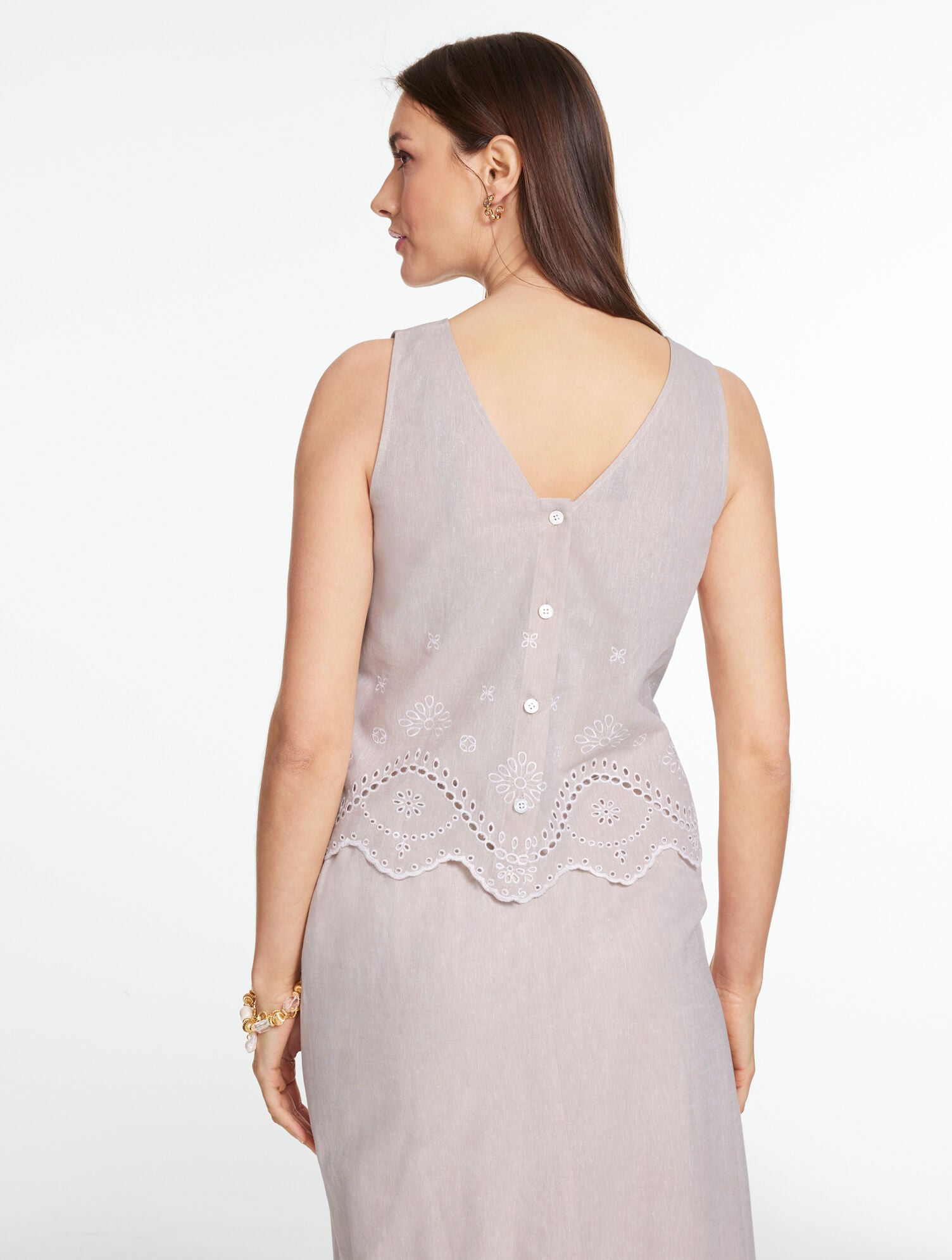 Embroidered Button Back Linen Blend Shell
