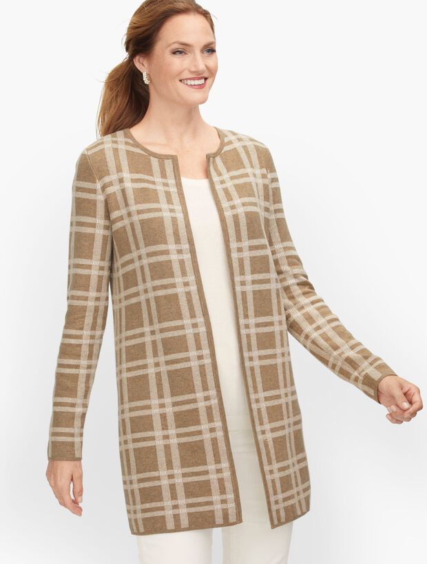 Textured Open Front Sweater Jacket - Plaid