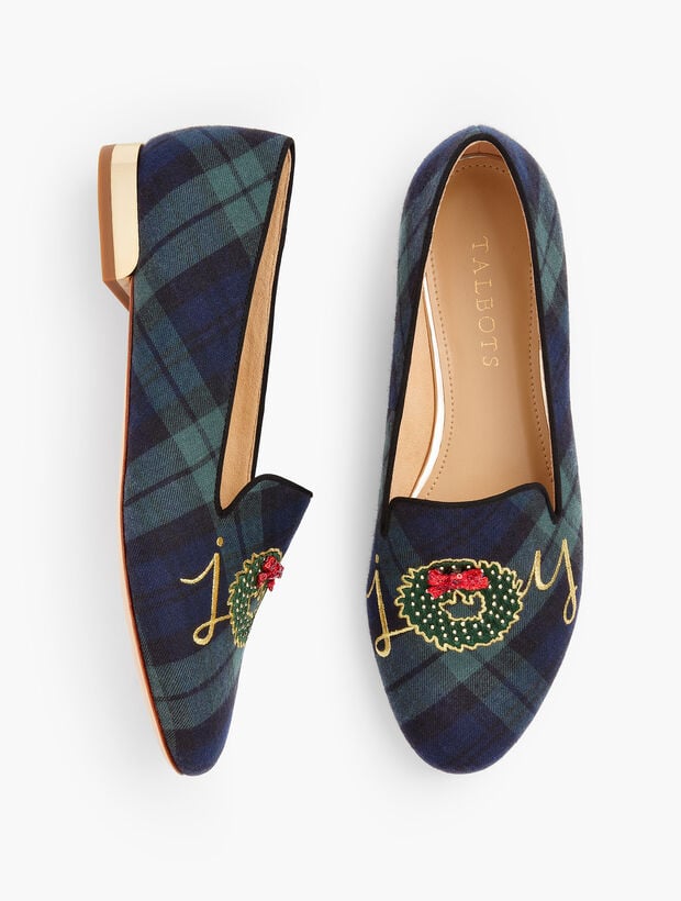Ryan Loafers Embroidered Black Watch Plaid Joy Wreath