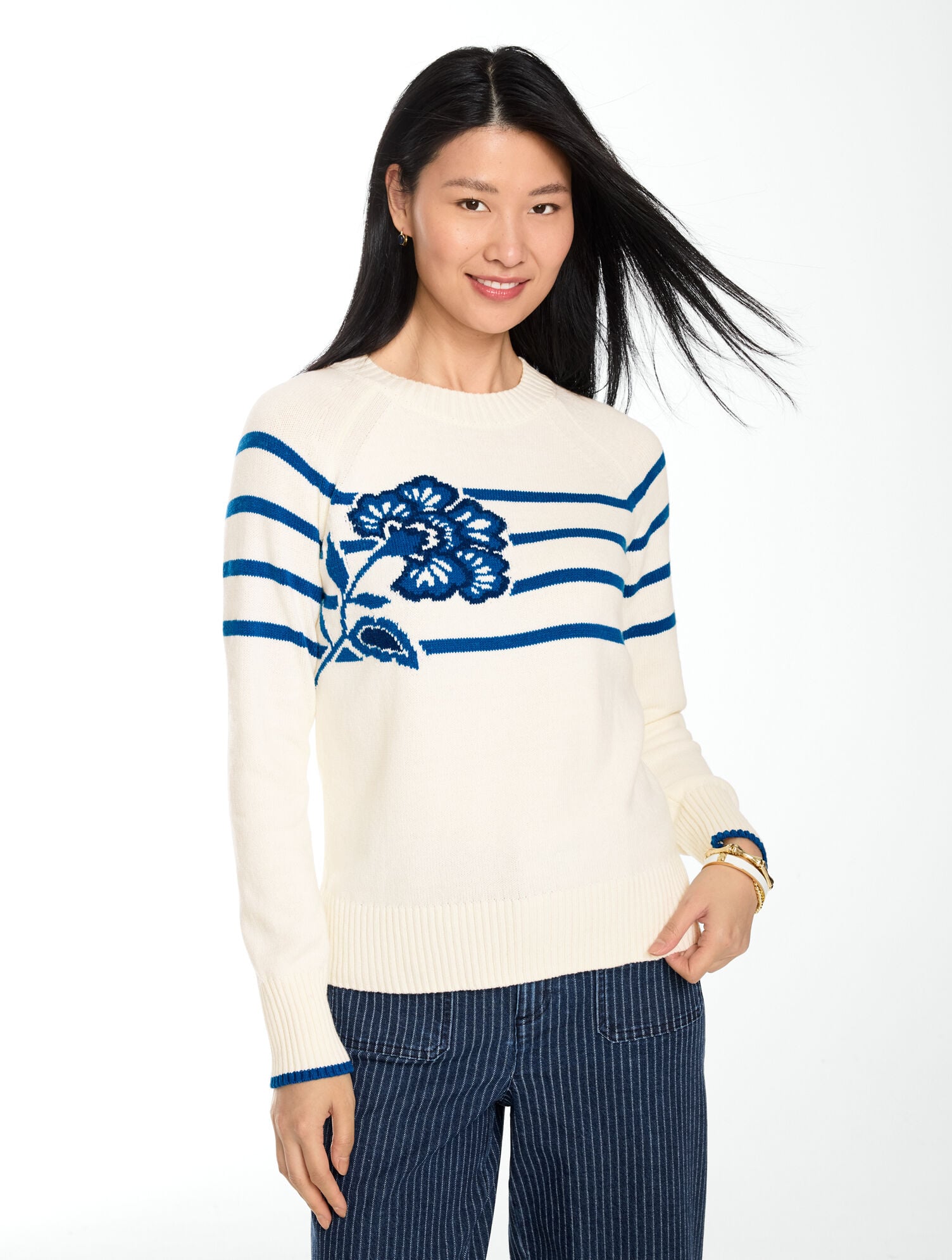 Intarsia Crewneck Sweater - Flower Stripe