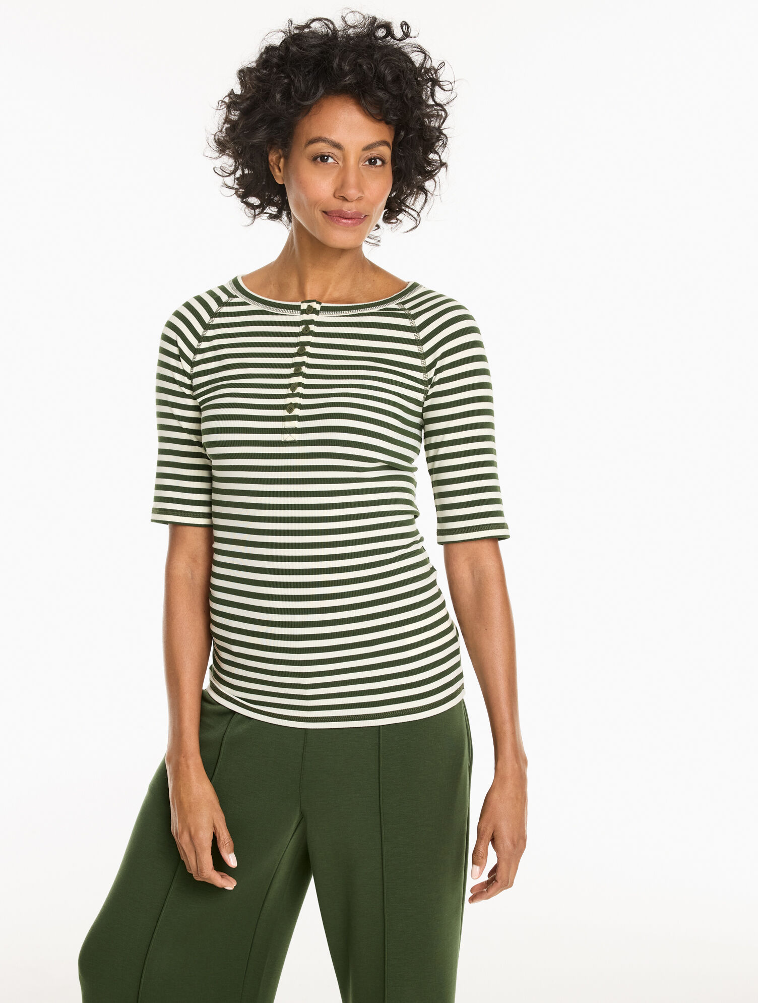 Ribbed Elbow Sleeve Henley Tee - Even Stripe