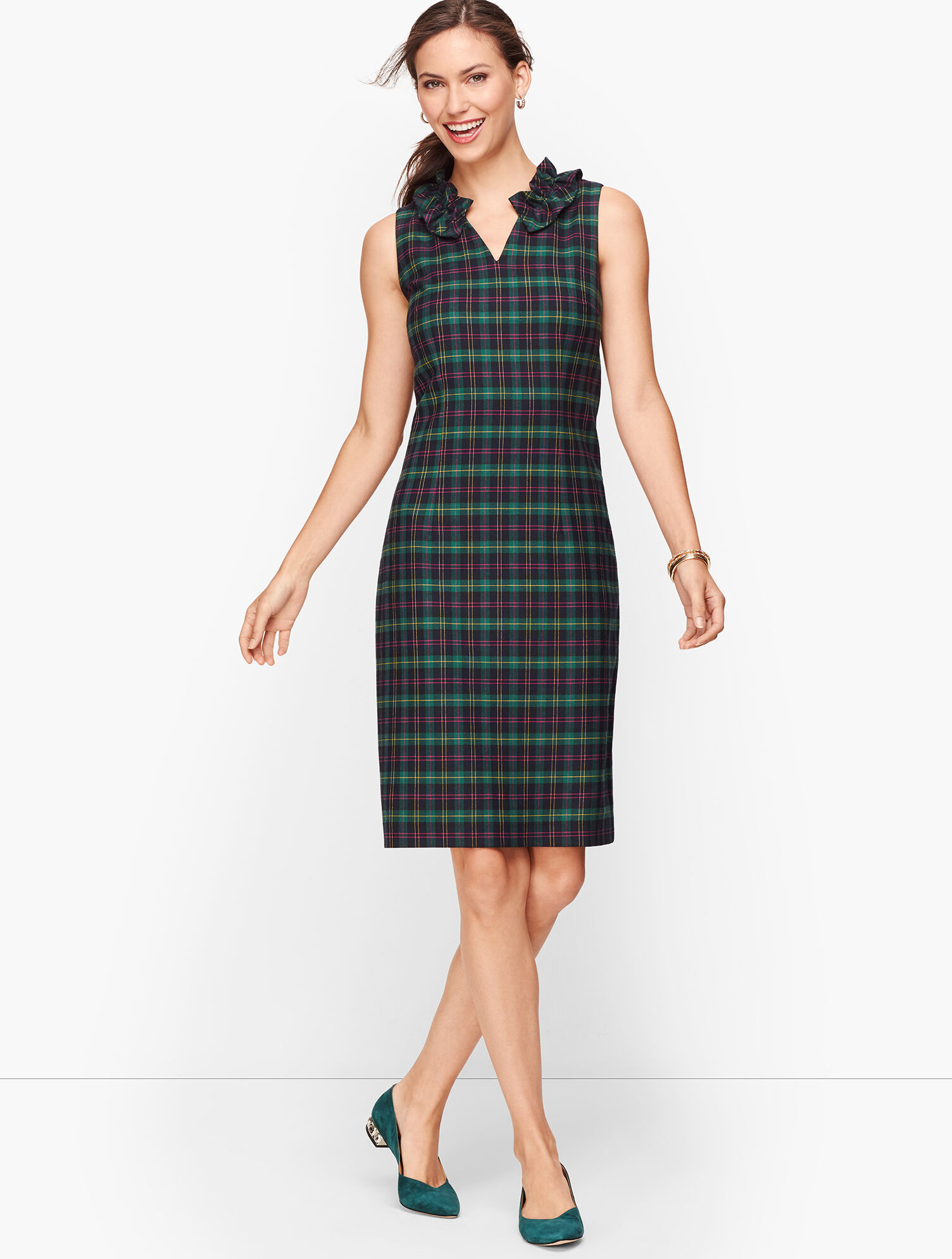 Split Neck Talbots Tartan Shift Dress | Talbots
