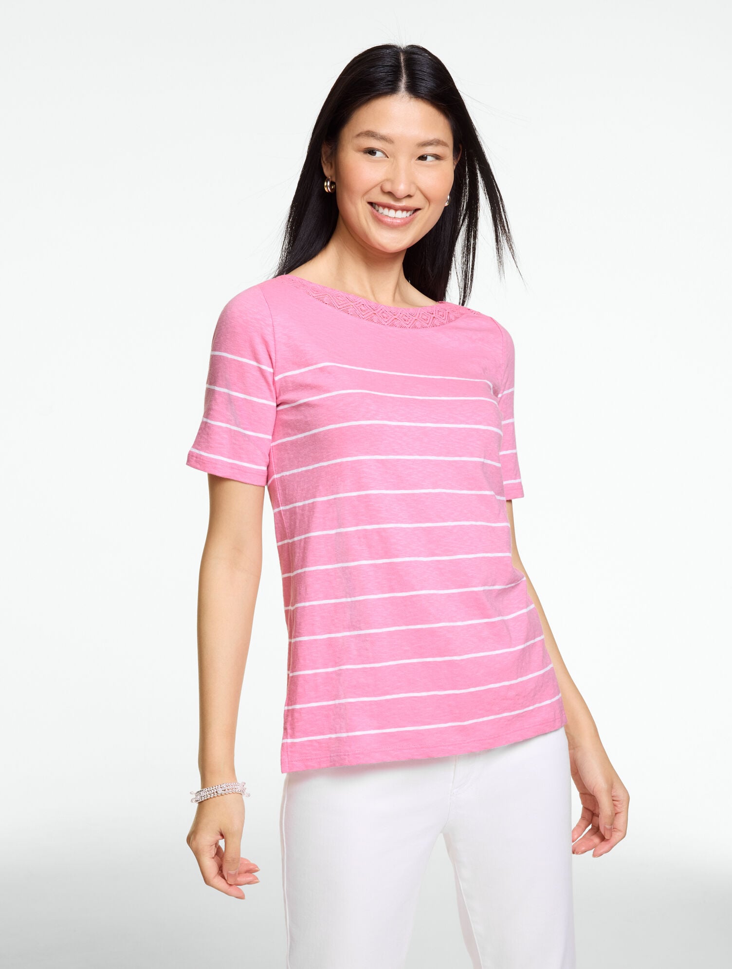 Crochet Trim Bateau Neck Tee - Stripe