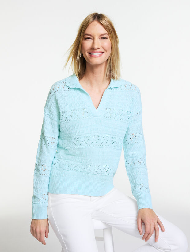 Pointelle Johnny Collar Sweater - Marl