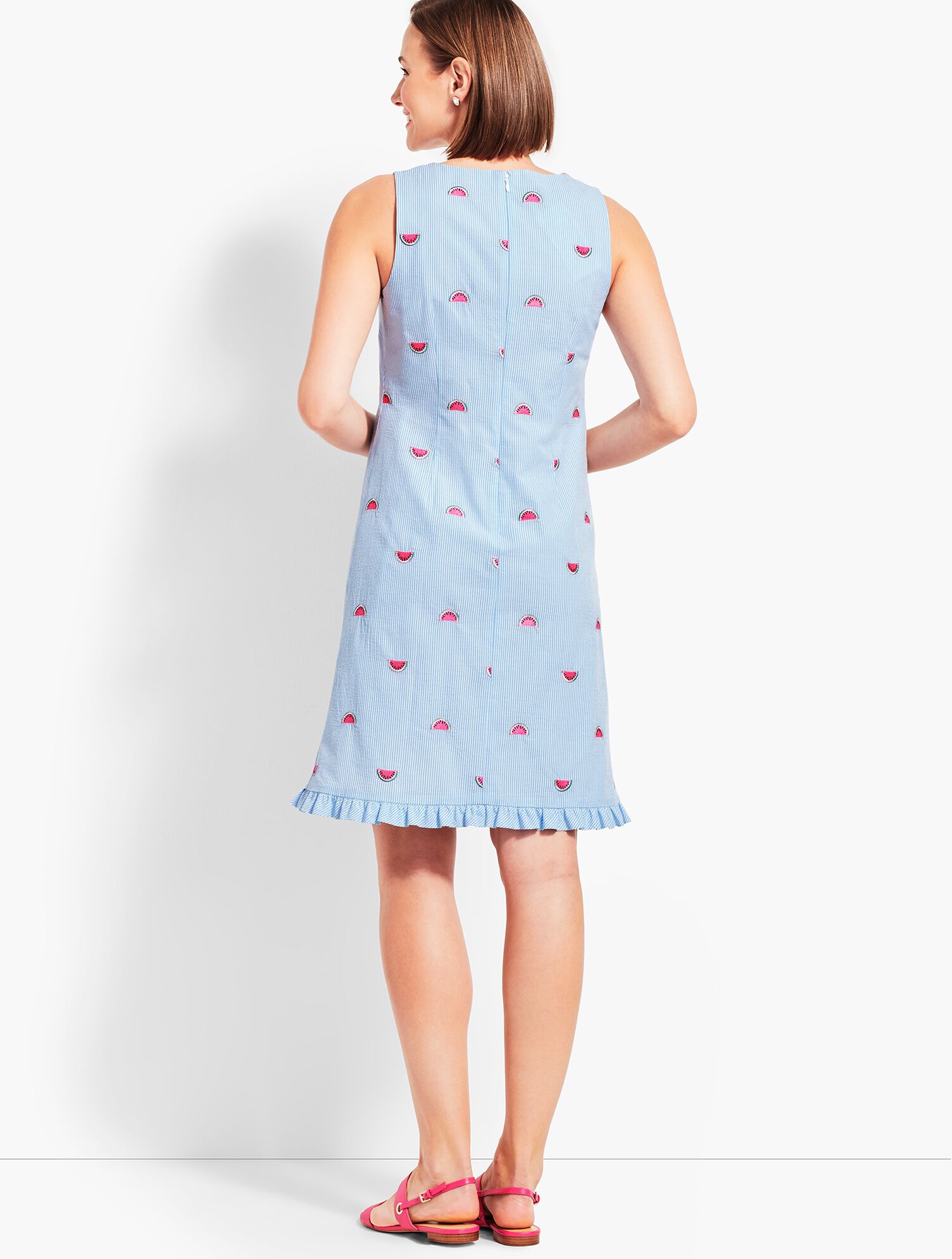 Watermelon-Embroidered Seersucker Shift Dress