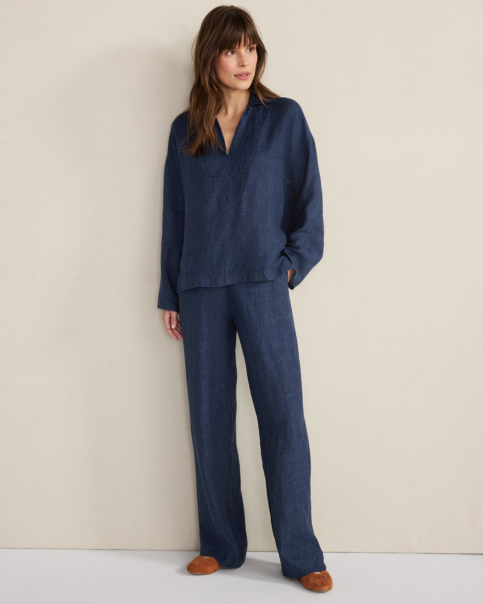 Linen Collared Long Sleeve Top