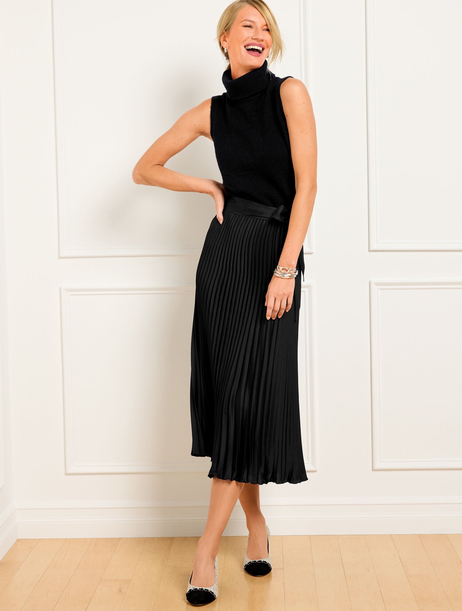 Black Pleated Satin Pleated Midi Skirt Outfit AX Paris Black One