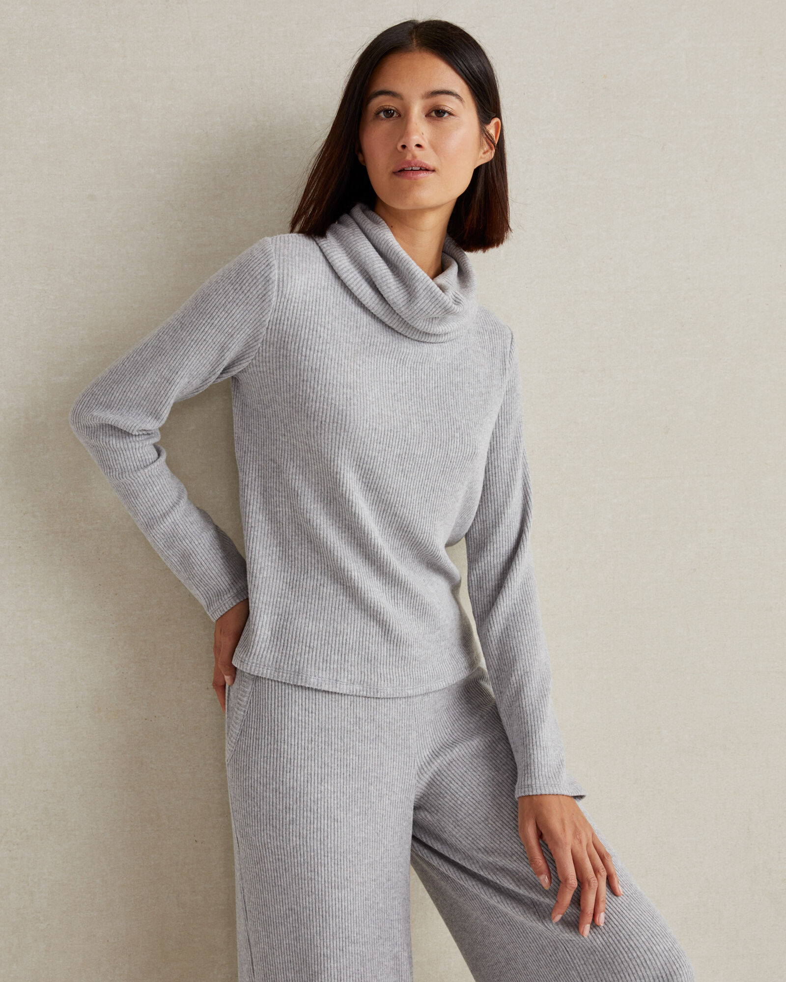 Brushed Rib Knit Cowl Neck Top