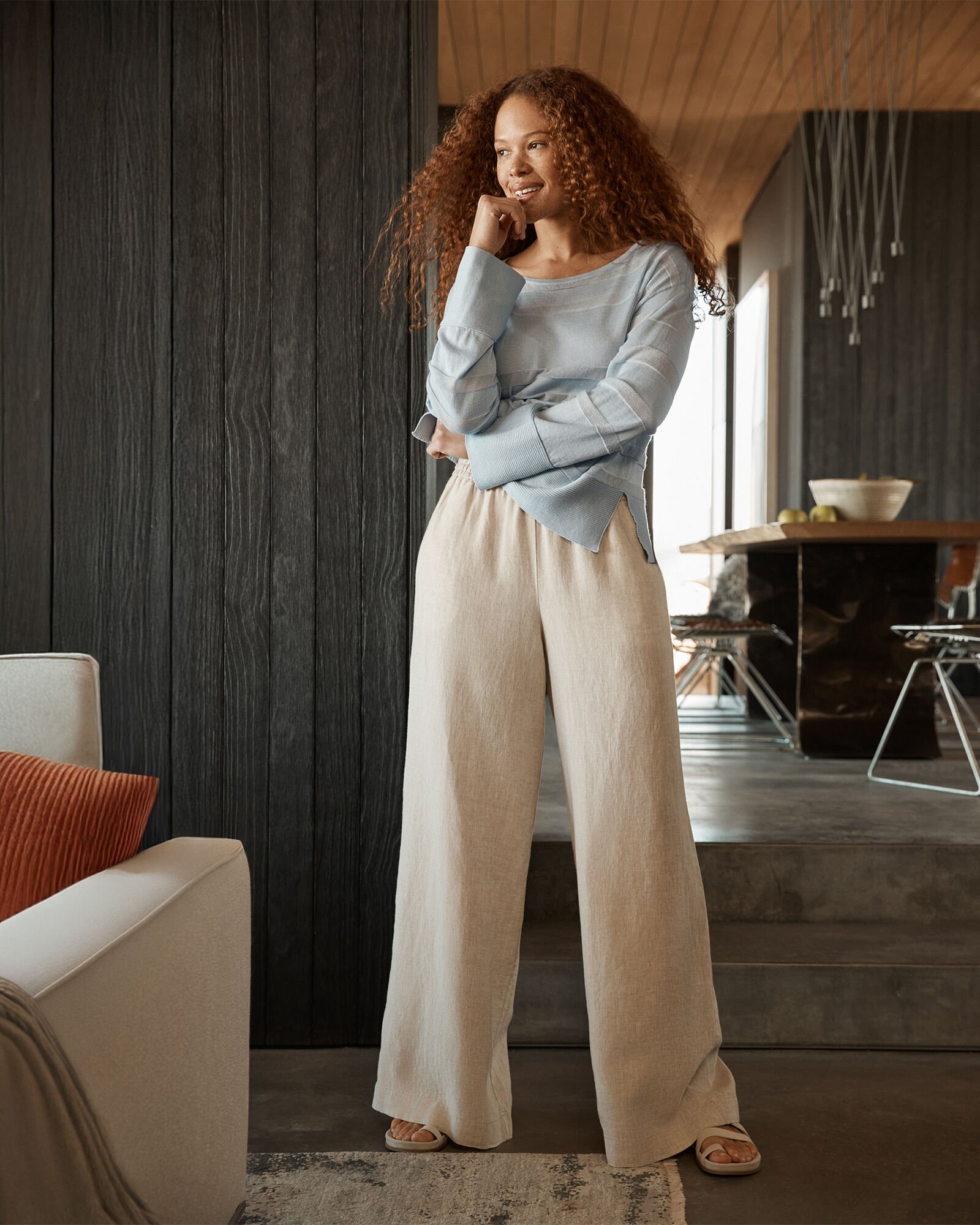 Crinkle Gauze Sweater With Palazzo Pants Linen Wide Leg Pants