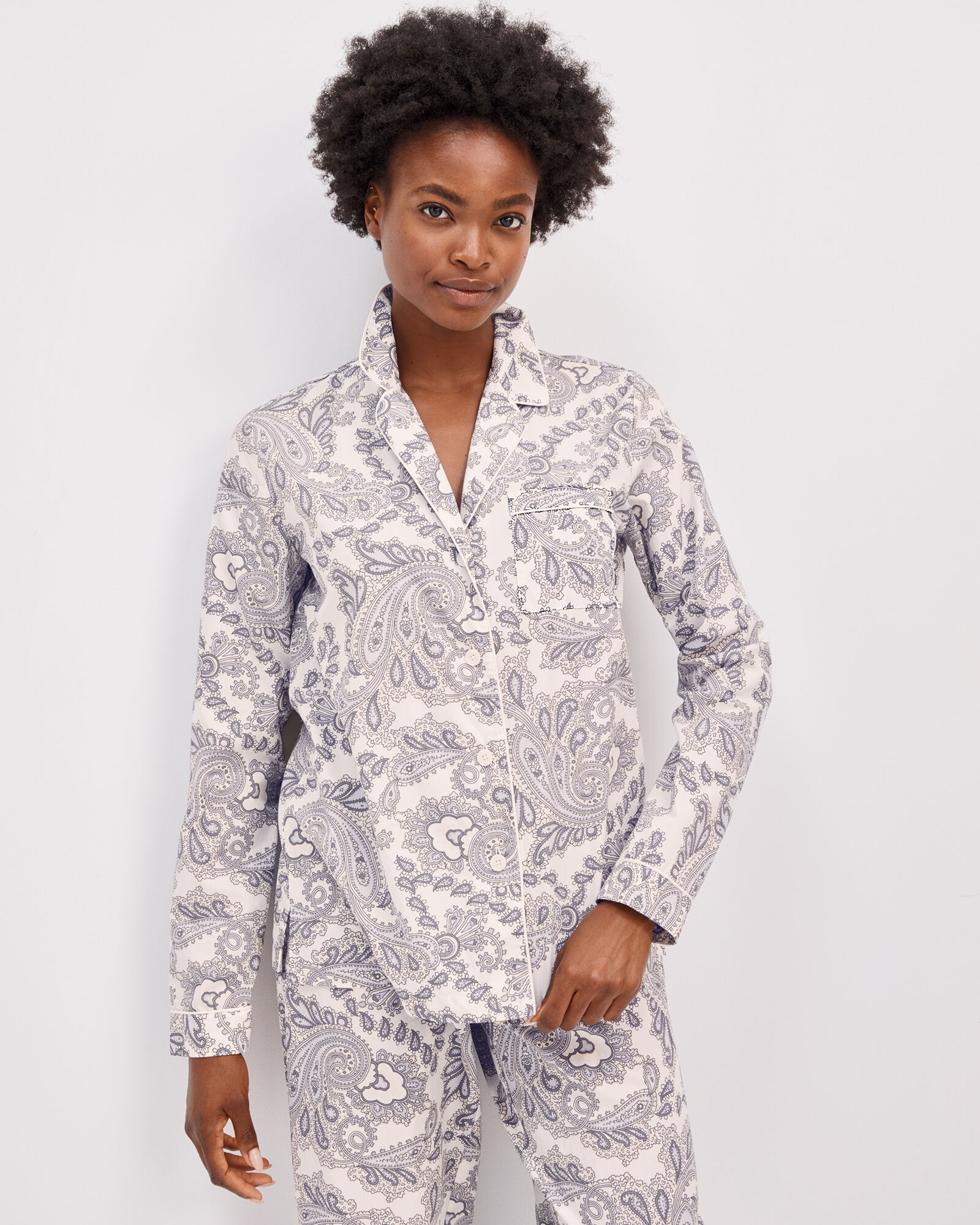 Organic Cotton Poplin Grey Paisley Sleep Top