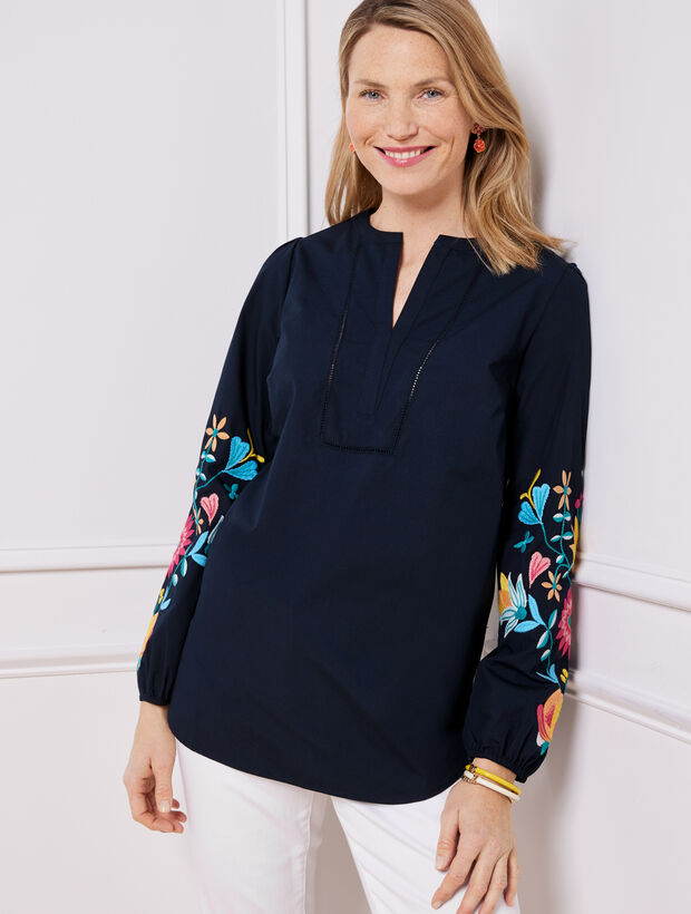 Embroidered Sleeve Poplin Top