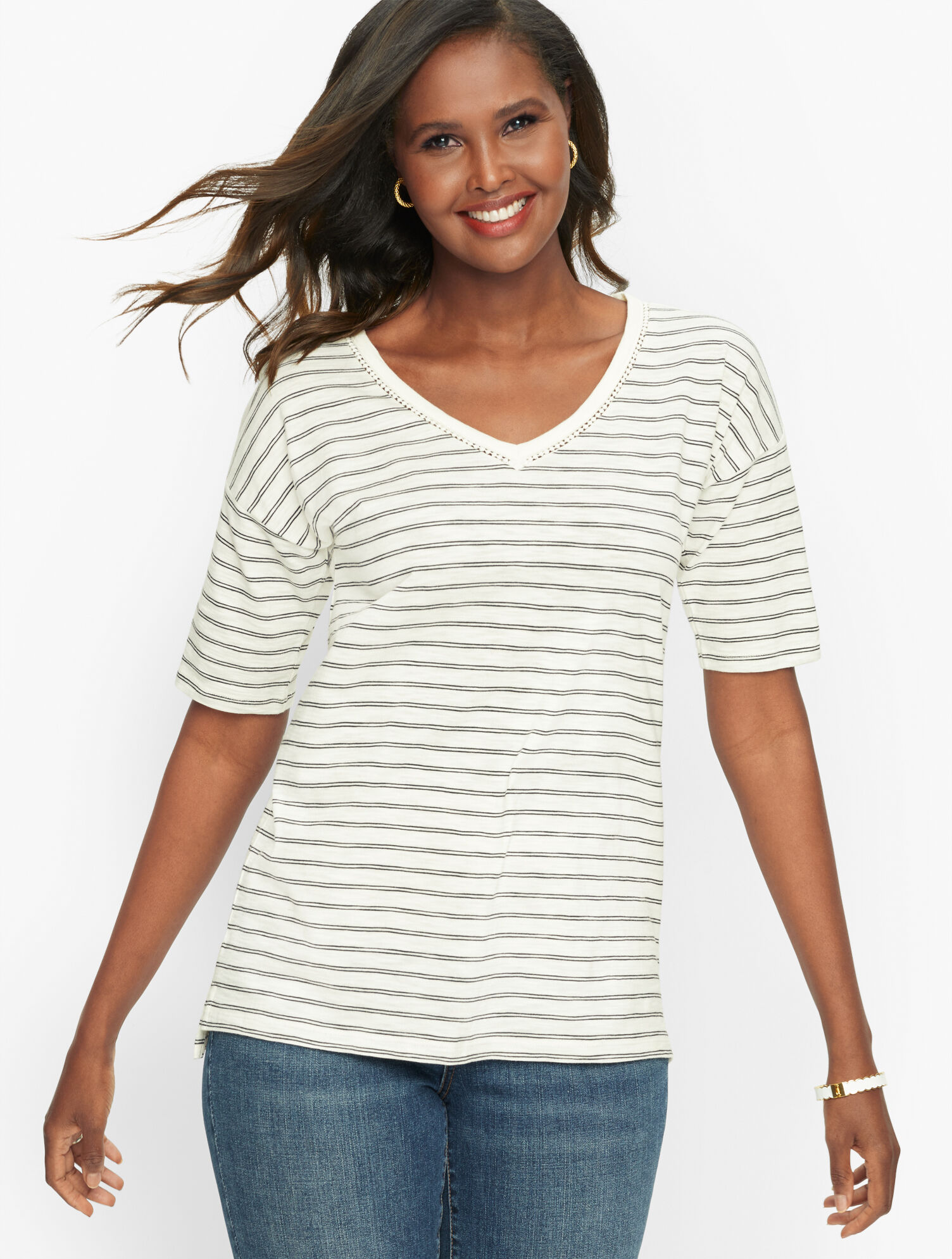 Elbow Sleeve V-Neck Tee - Stripe