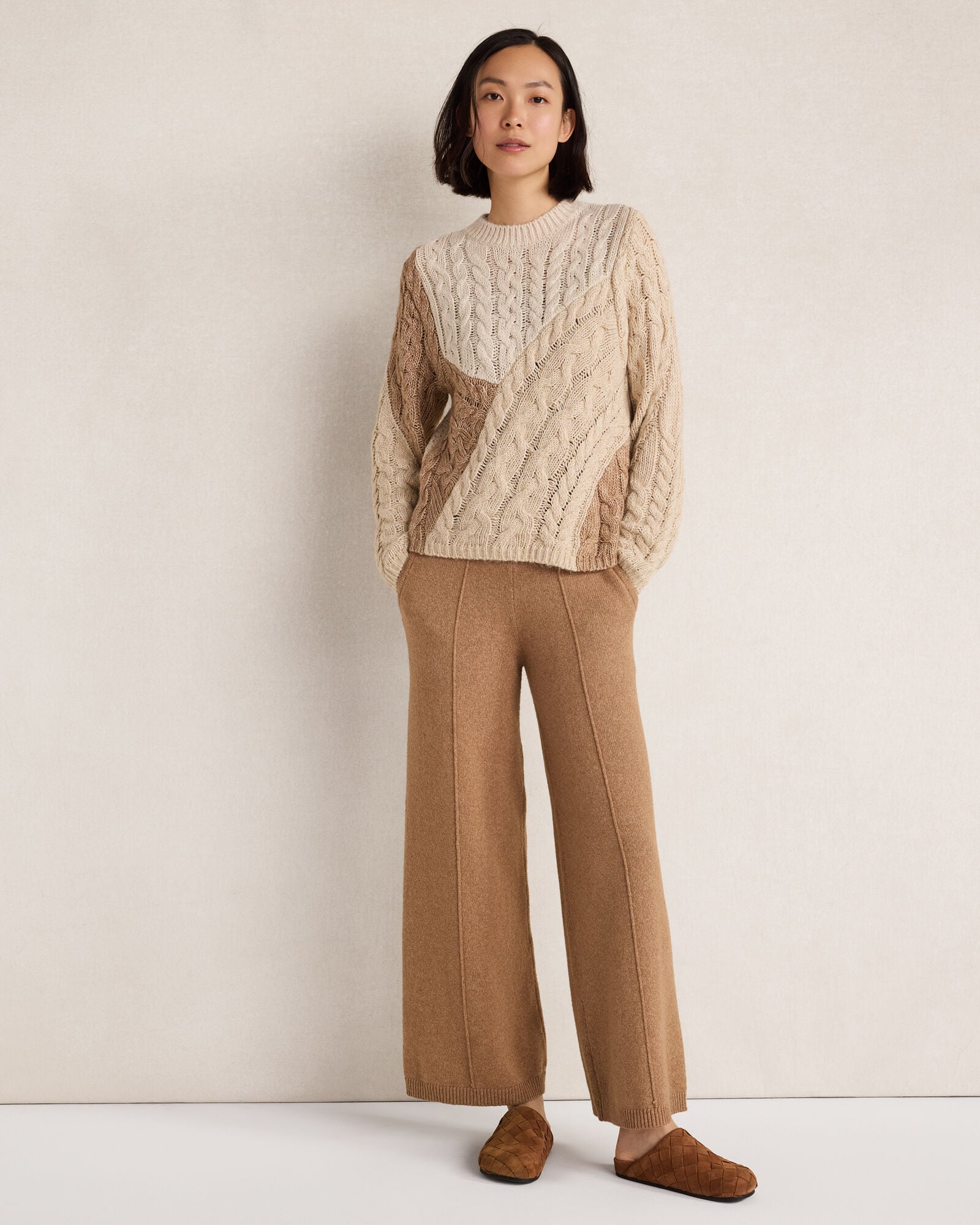 Cotton Blend Patchwork Cableknit Sweater