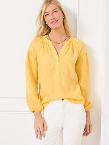 Lantern Sleeve Linen Top - Cross Dyed