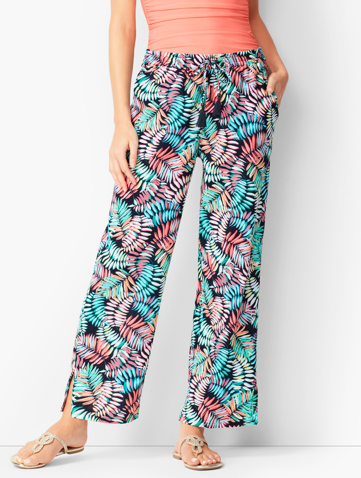 CrinkleCotton Beach Pants Breezy Palm Print Talbots