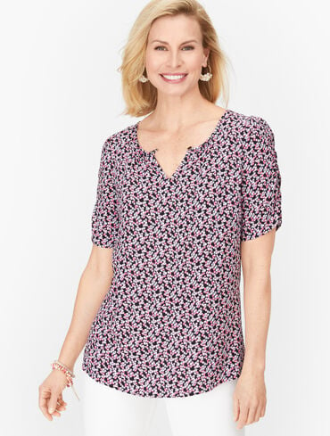 Playful Ditsy Floral Ruched Sleeve Top