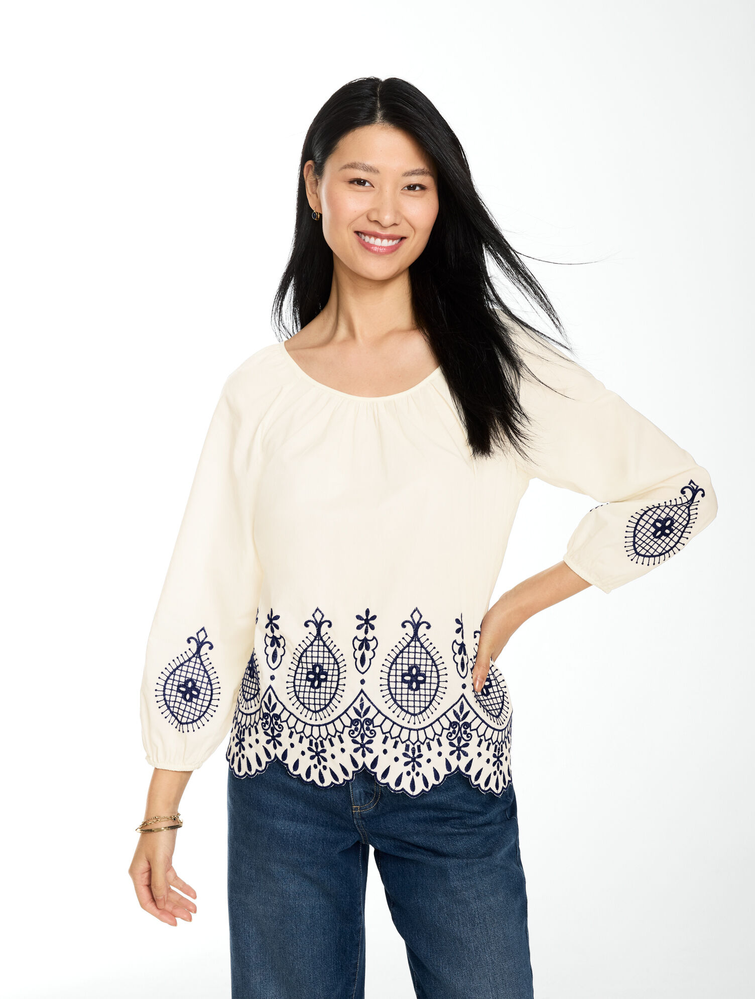 Embroidered Poplin Top - Medallion Border