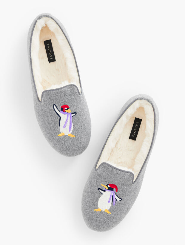Brushed Flannel Slippers - Embroidered Penguin