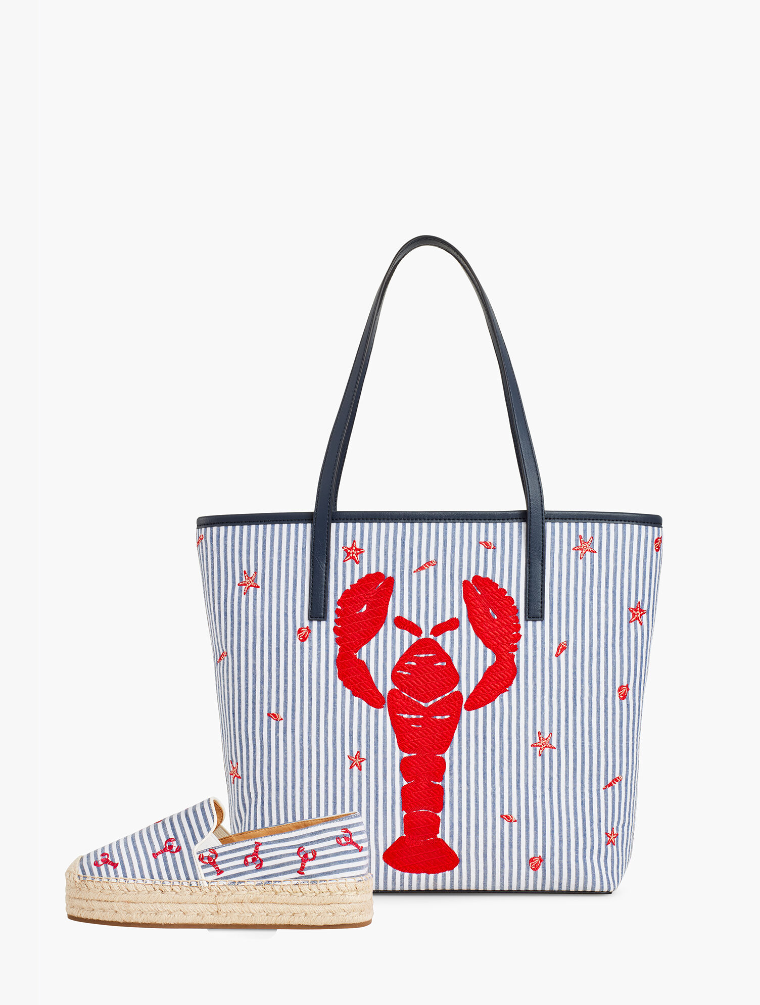 Seersucker Embroidered Lobster Tote Bag