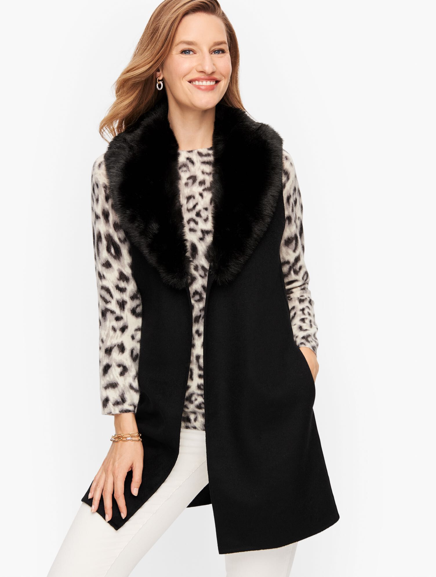 Faux Fur Collar Woven Vest Talbots