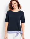 Elbow-Sleeve Tee With Striped Hem and Bow
