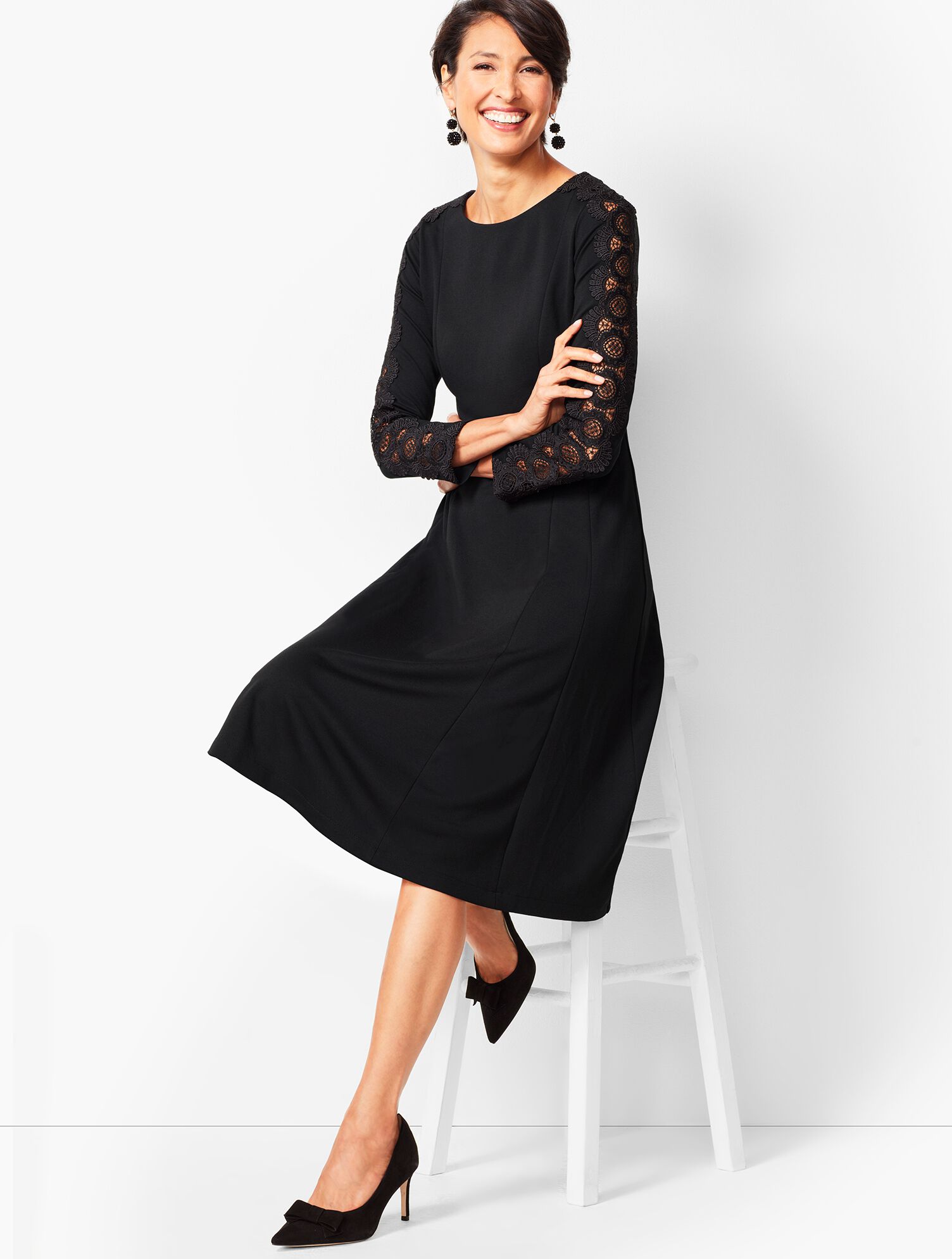 Lace Sleeve Ponte Fit &amp; Flare Dress