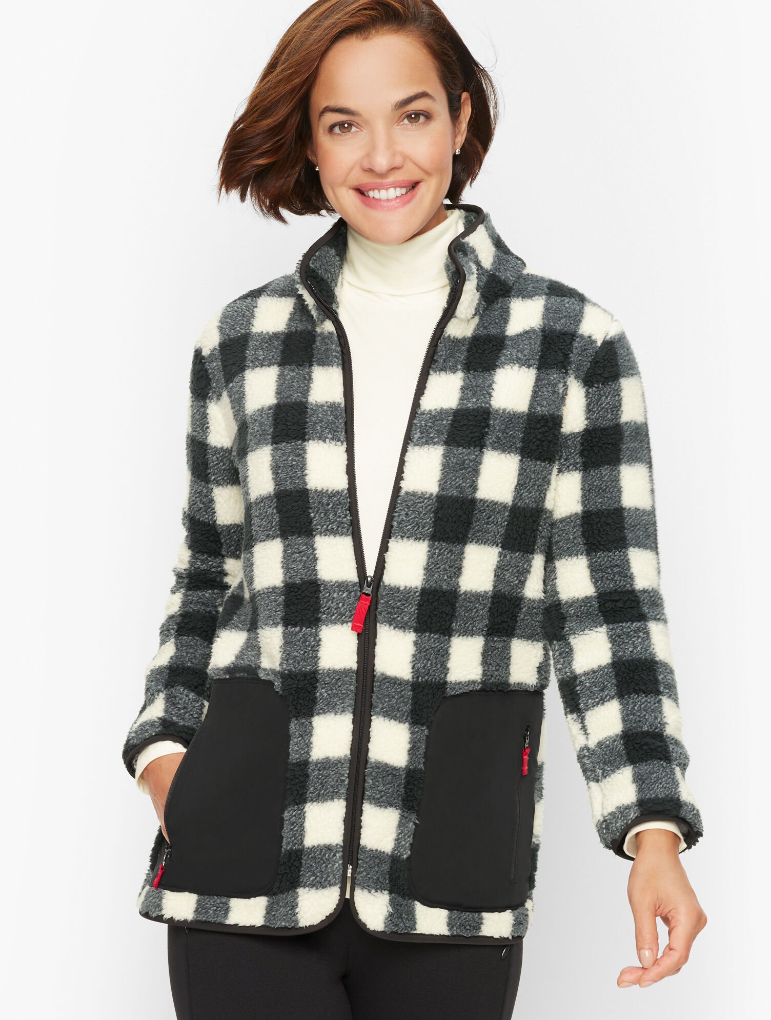 High-Low Cozy Sherpa Jacket Buffalo Plaid Talbots