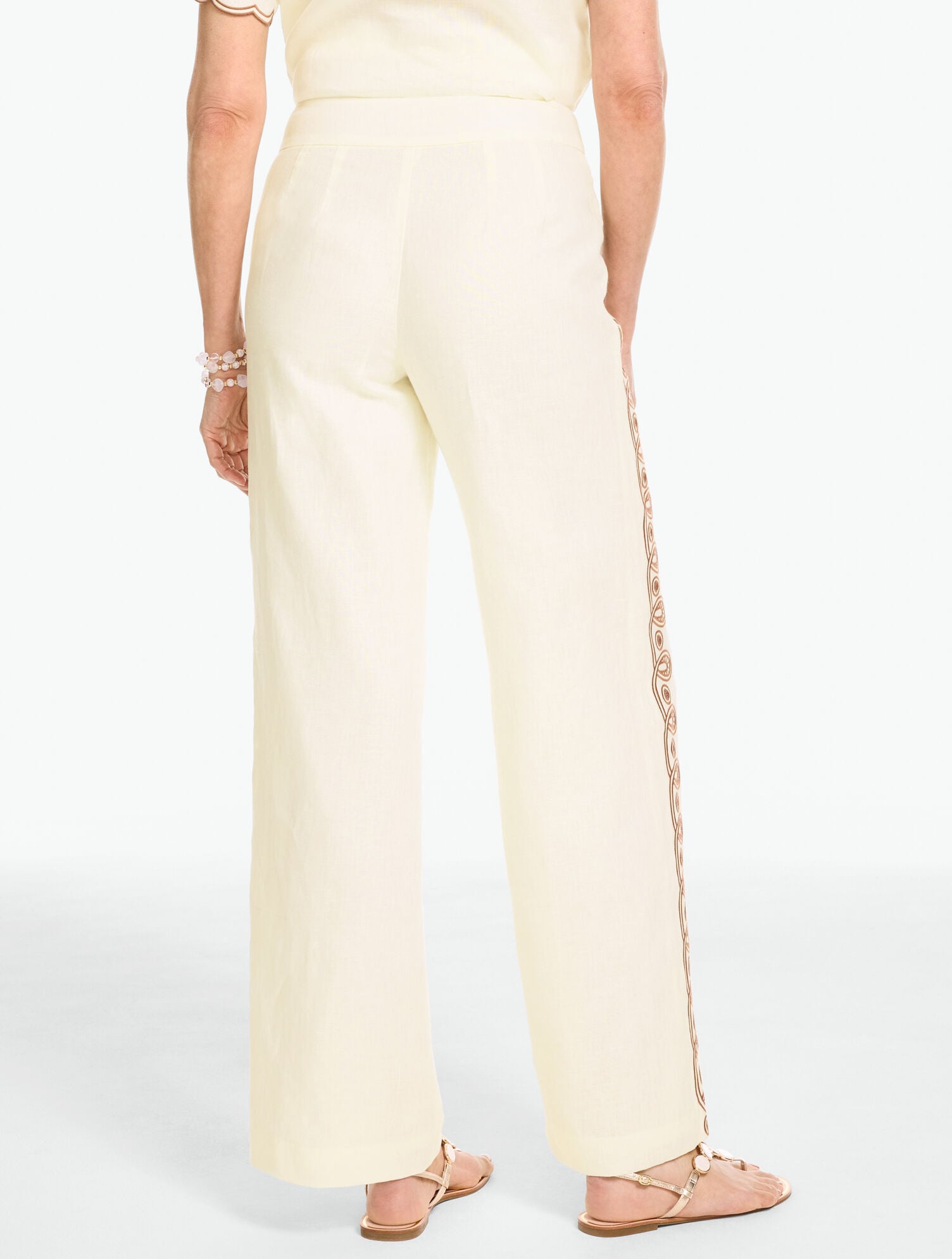 Embroidered Linen Wide Leg Pants