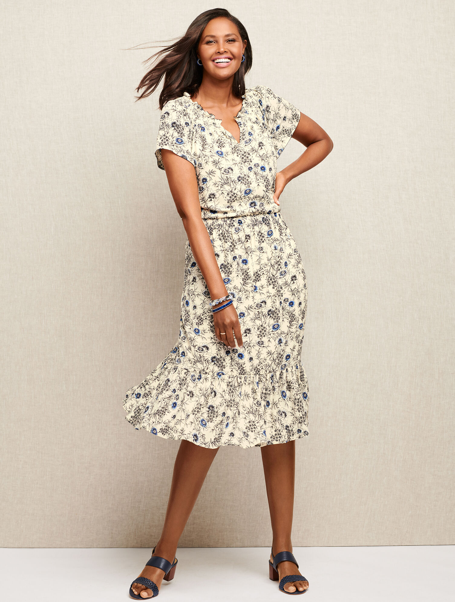slim fit dress slacks Baltic Born Womens Marta Smocked Midi Dress | White + Blue