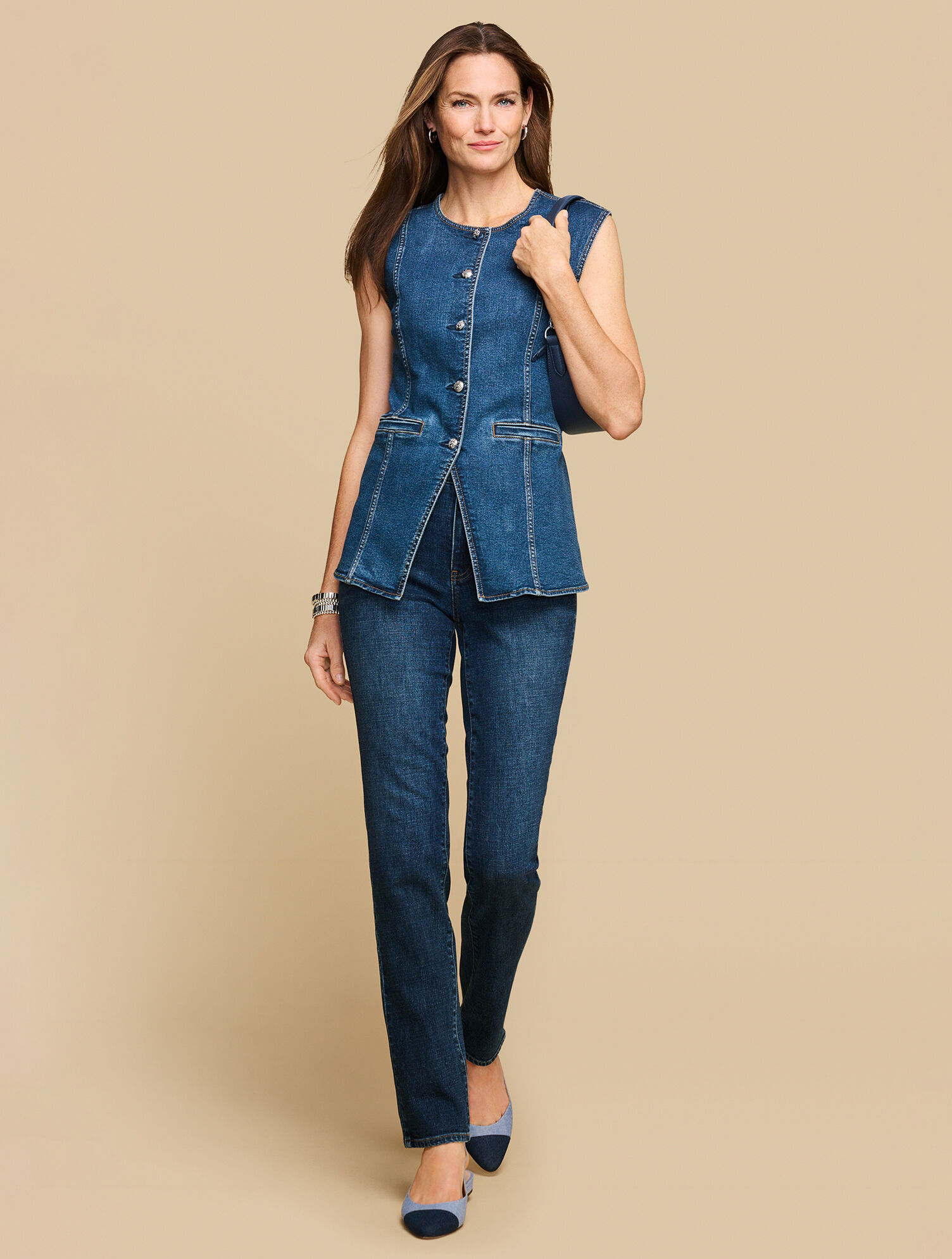 Tailored Seaming Long Denim Vest Talbots